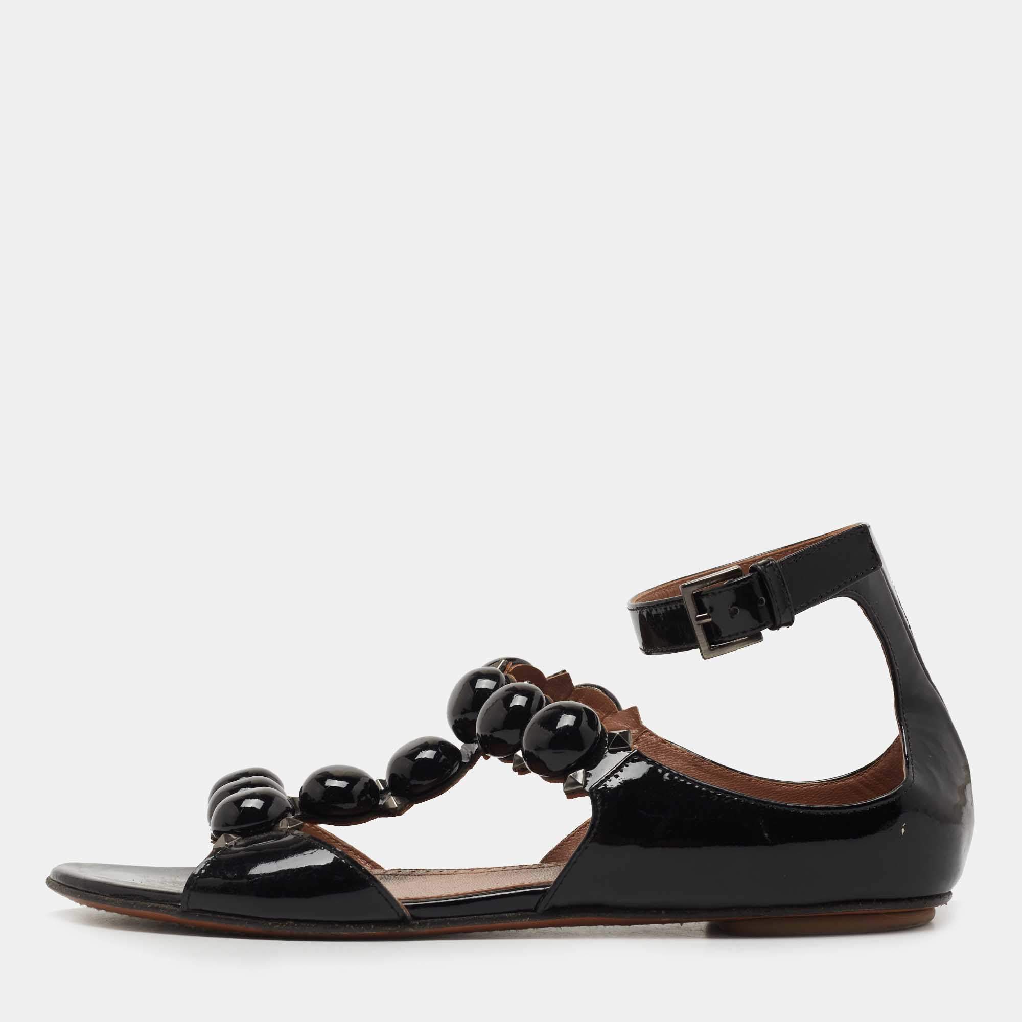 Pre Owned Alaia Black Patent Leather Bombe Flat Ankle Strap Sandals Size 38