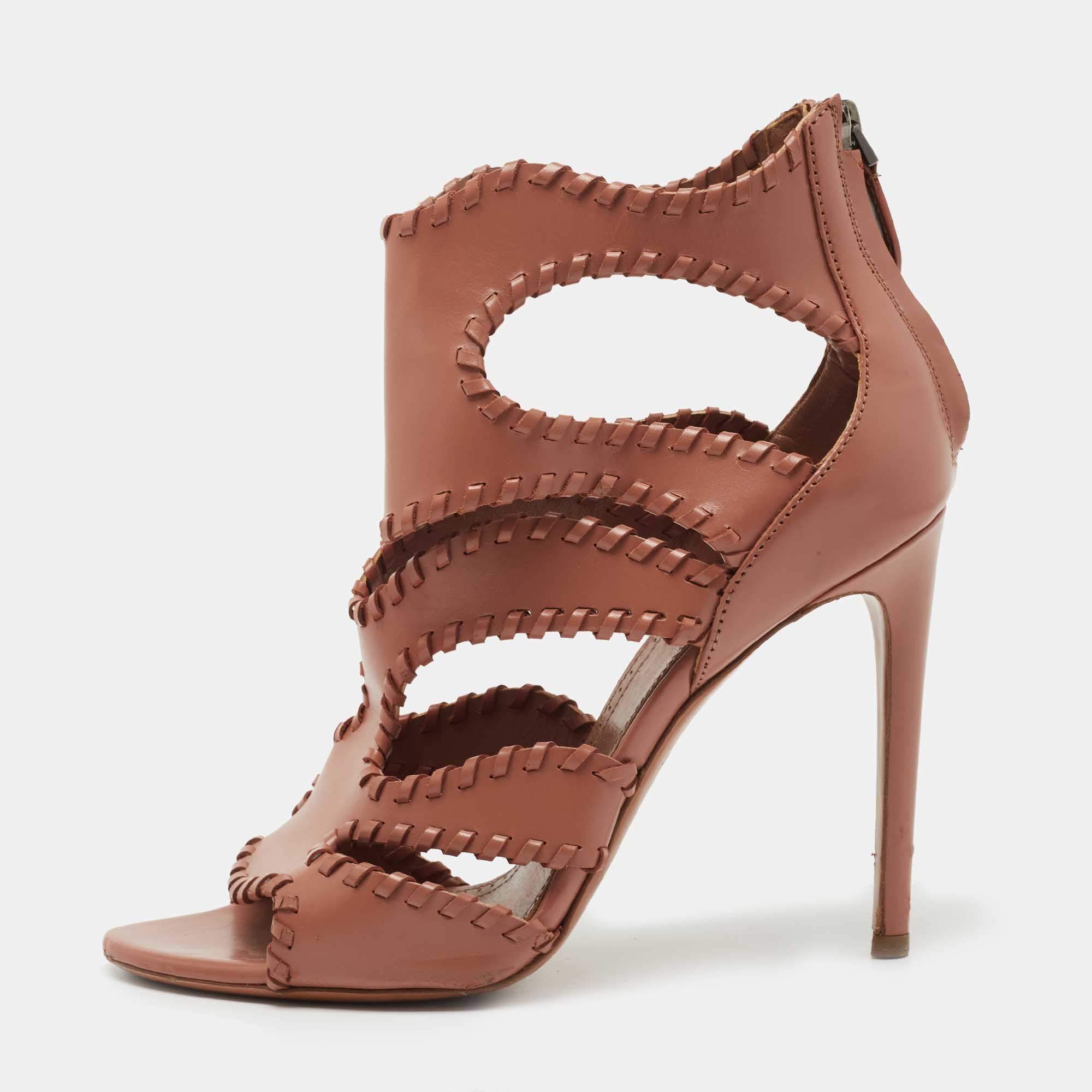 Pre Owned Alaia Brown Leather Whipstitch Trim Cut Out Sandals Size 38
