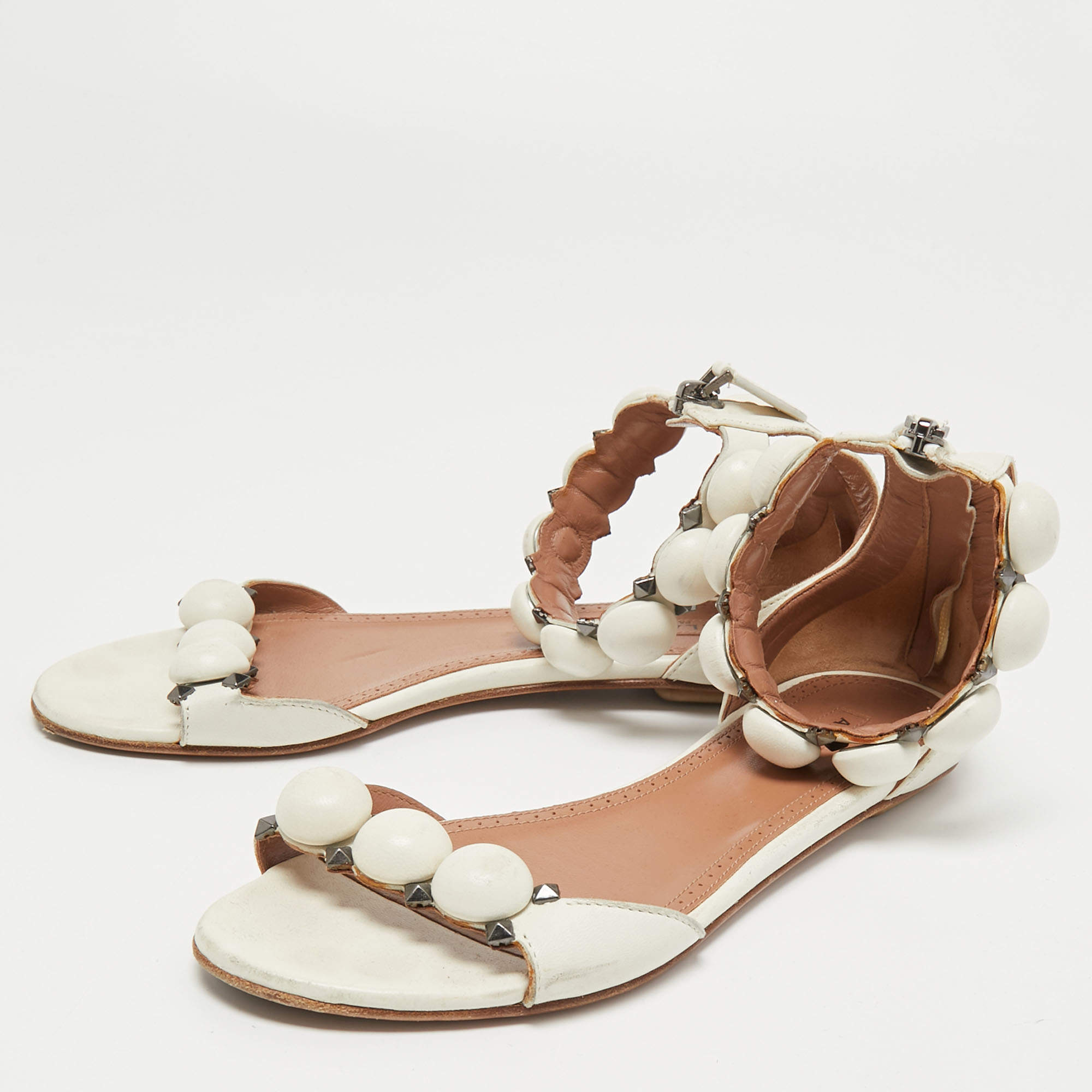 Alaia White Leather Bombe Flat Ankle Strap Sandals Size 38 Alaia | TLC