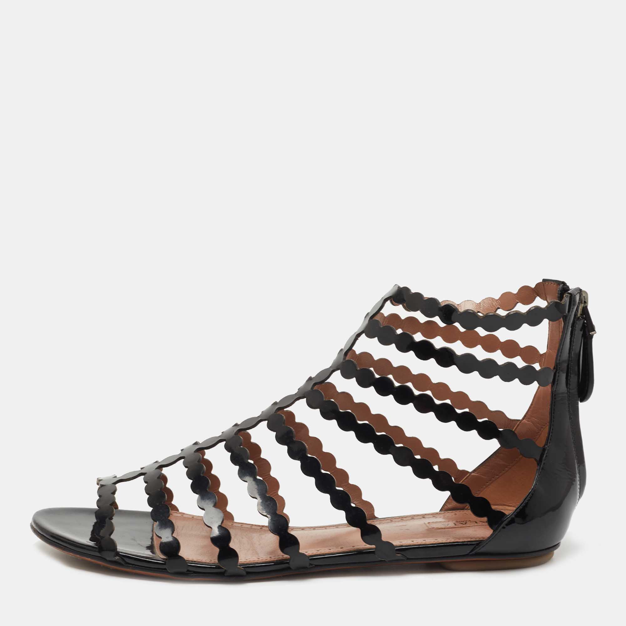 Pre Owned Alaïa Black Patent Leather Cage Flat Sandals Size 39.5