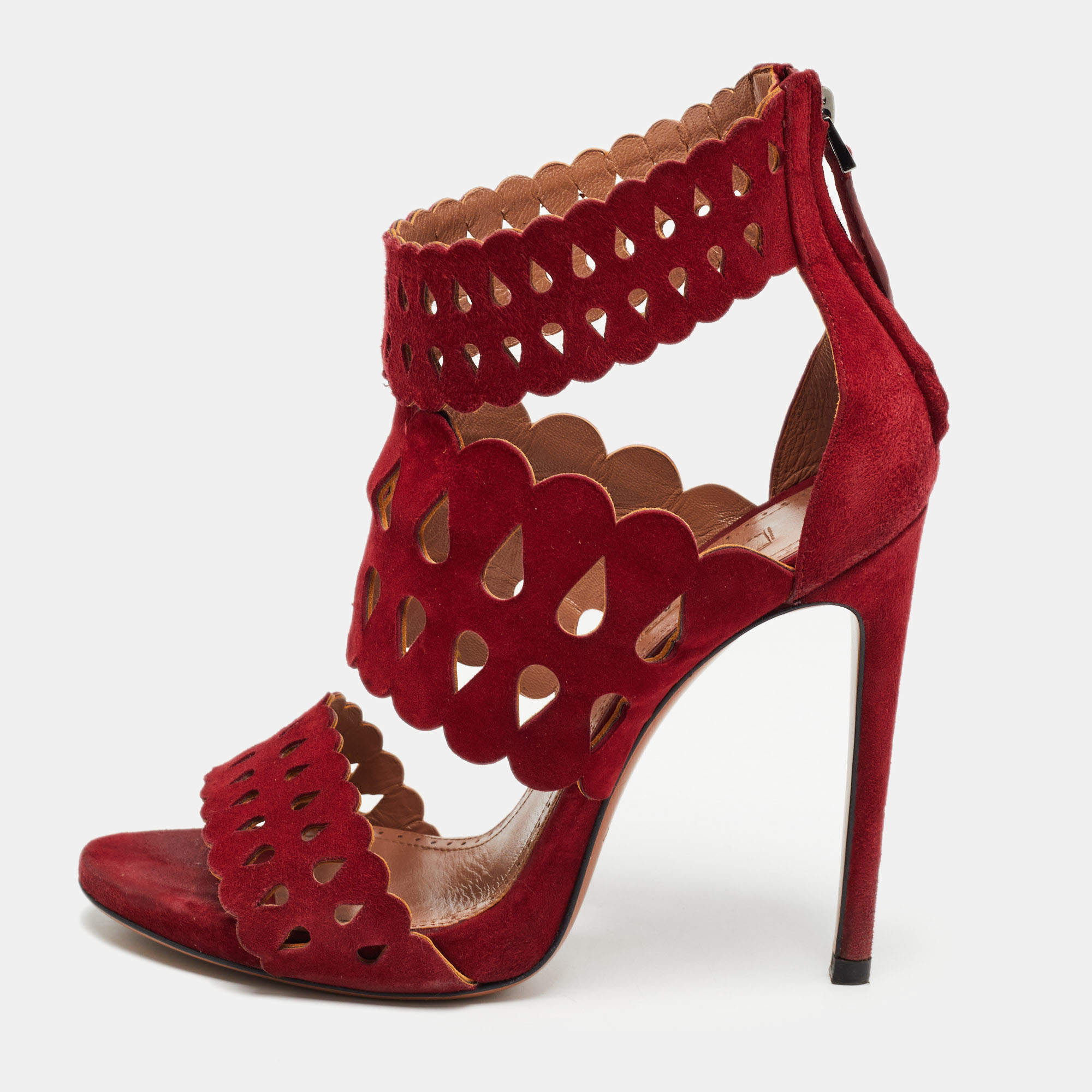 Pre Owned Alaia Burgundy Suede Laser Cut Out Ankle Cuff Sandals Size 36
