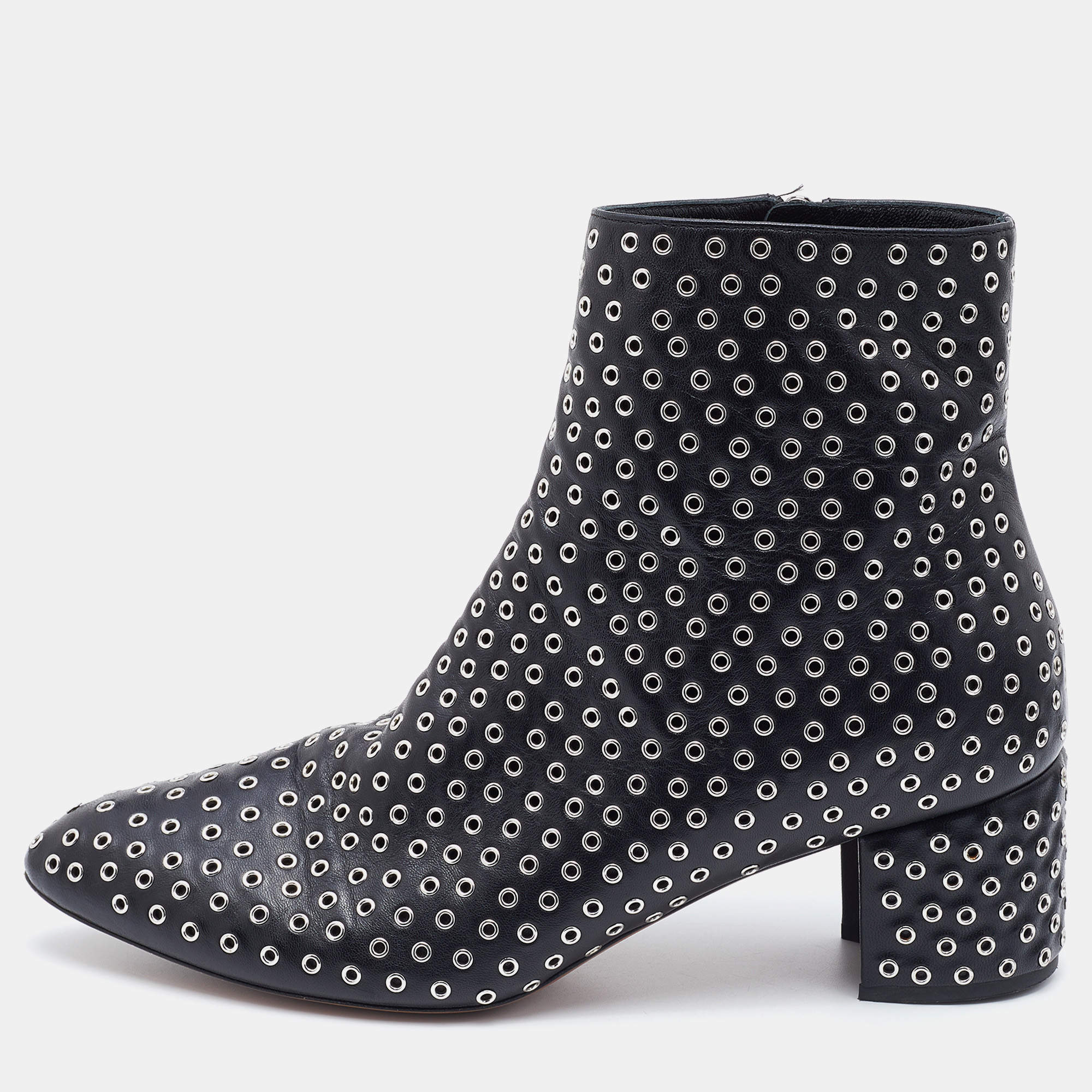 Pre Owned Alaia Black Leather Eyelet Zip Booties Size 39.5