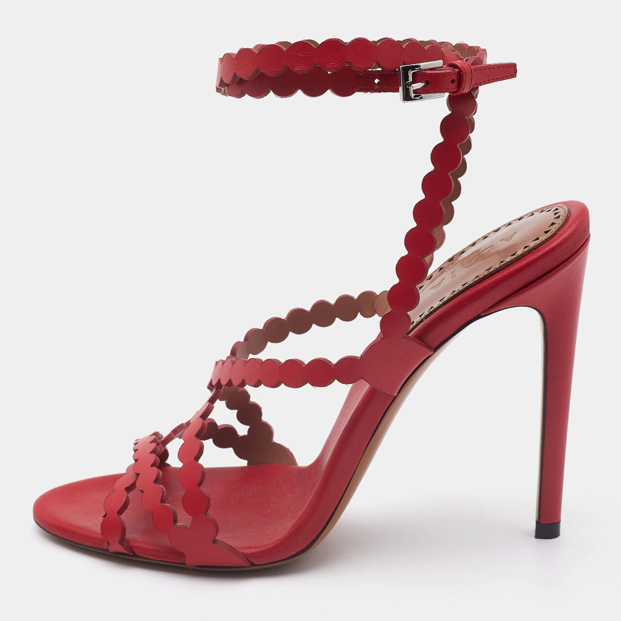 Pre Owned Alaia Red Leather Ankle Strap Sandals Size 37