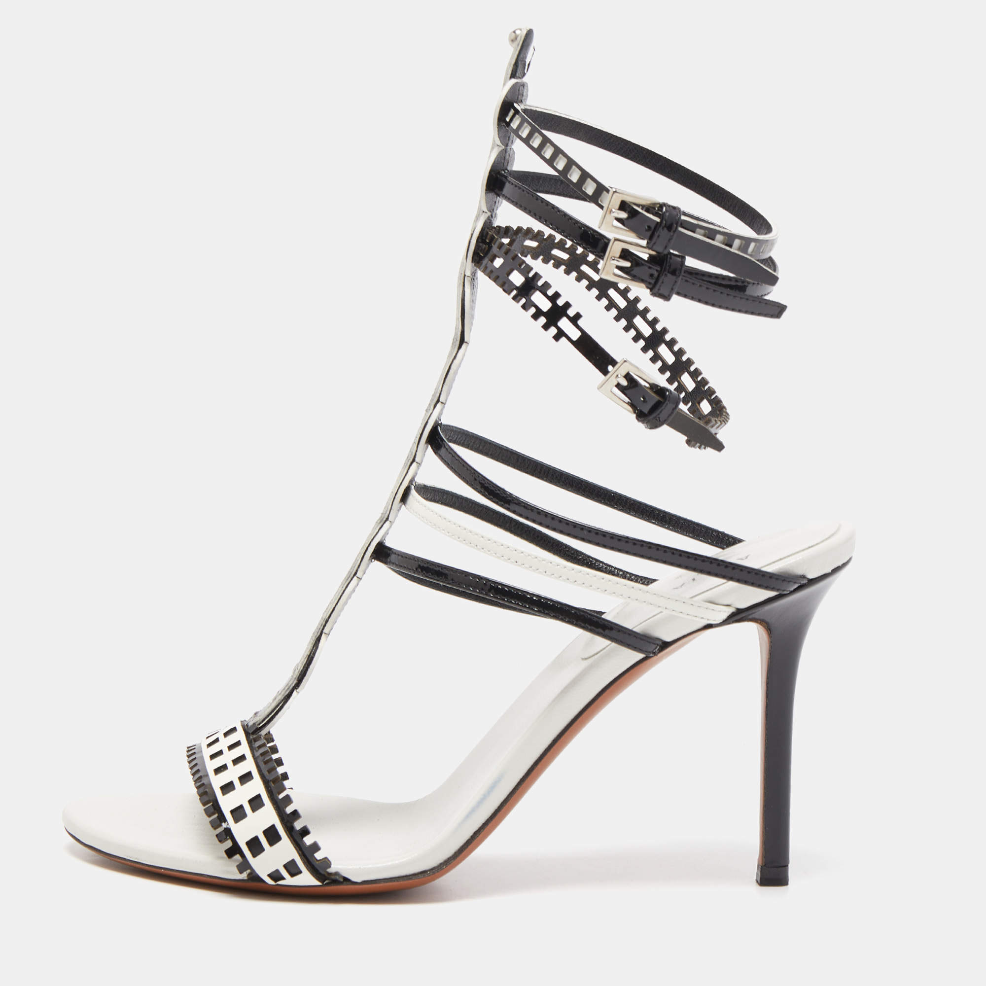 Pre Owned Alaia White/Black Laser Cut Patent Leather Strappy Sandals Size 38.5 