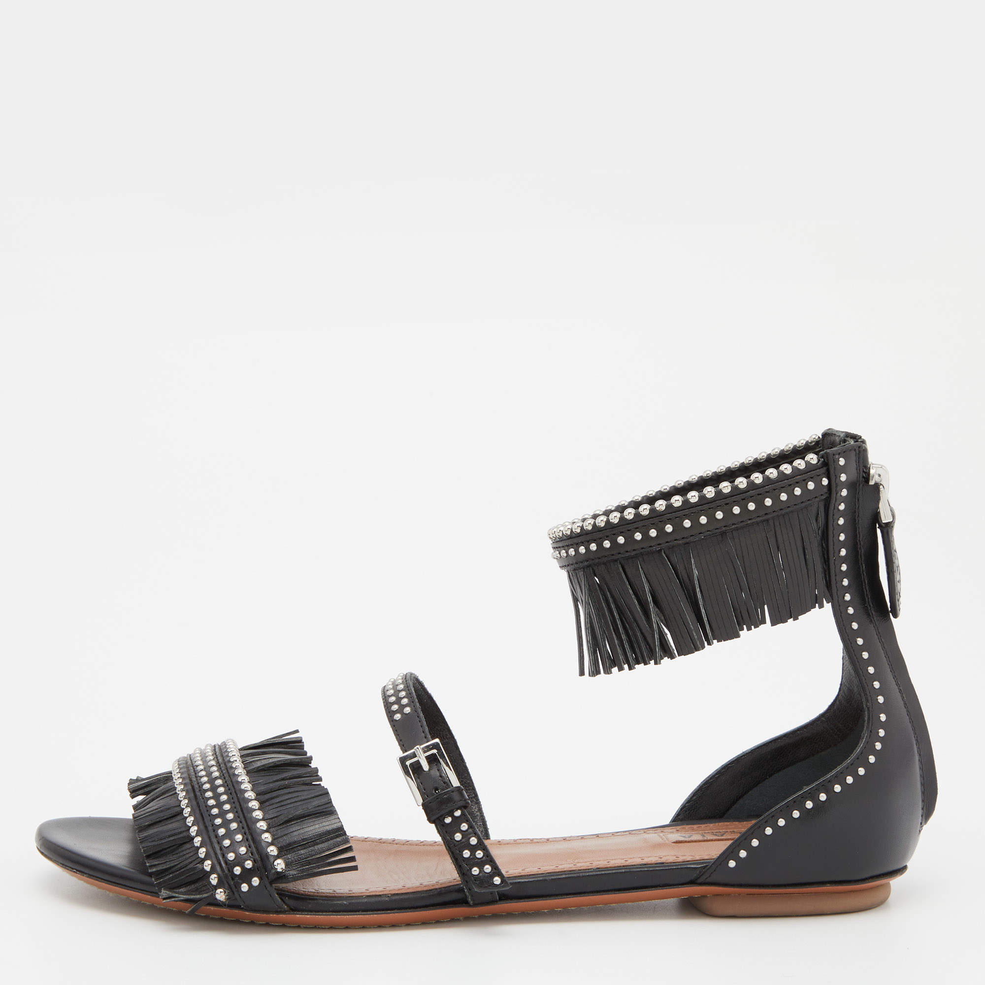 Alaia Black Leather Fringes Flat Sandals Size 38