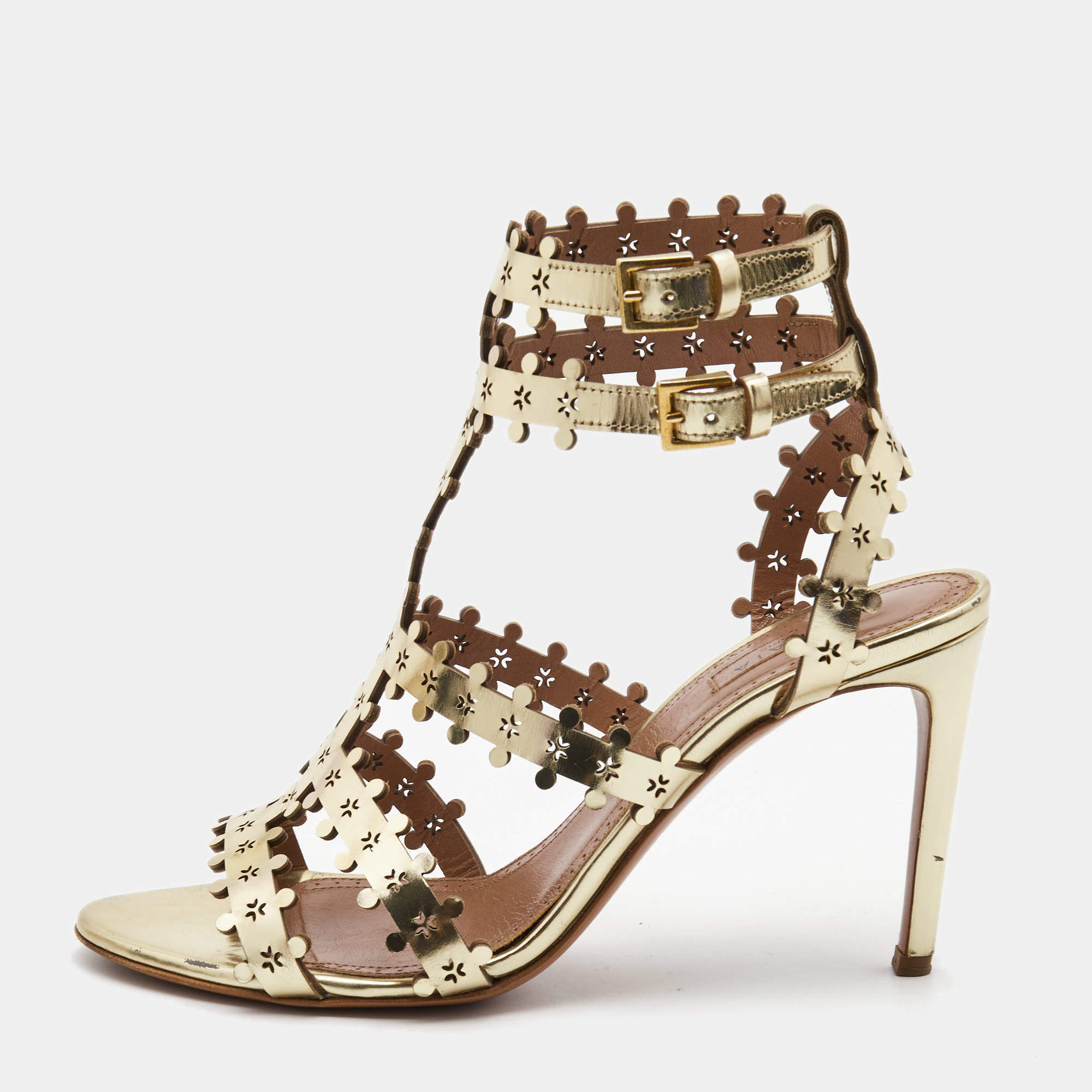 Pre Owned Alaia Gold Leather Strappy Sandals Size 38.5