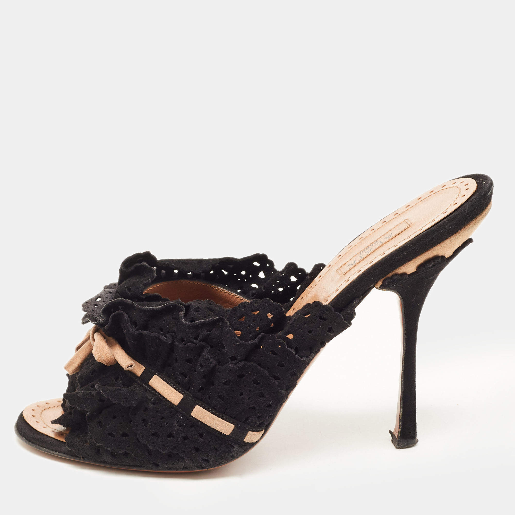 Pre Owned Alaia Black/Beige Suede Slip On Sandals Size 37