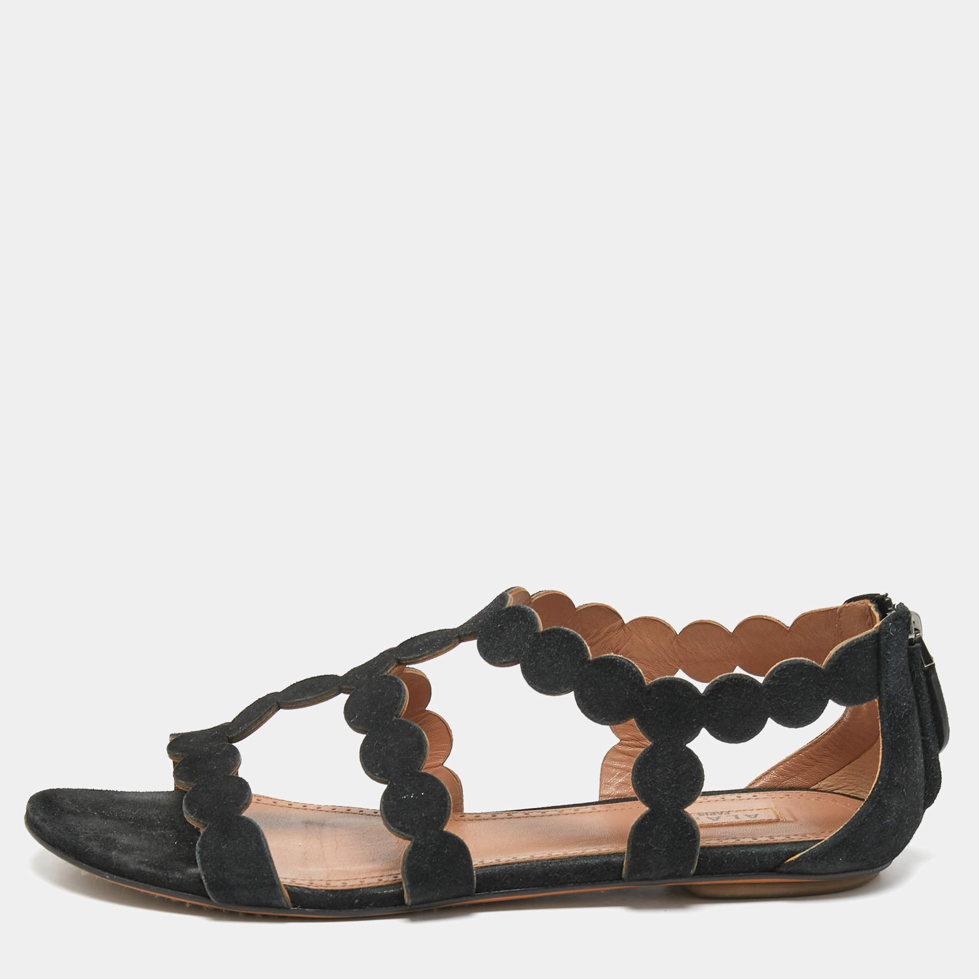 Alaia Black Suede Scallop Flat Sandals Size 39 Alaia