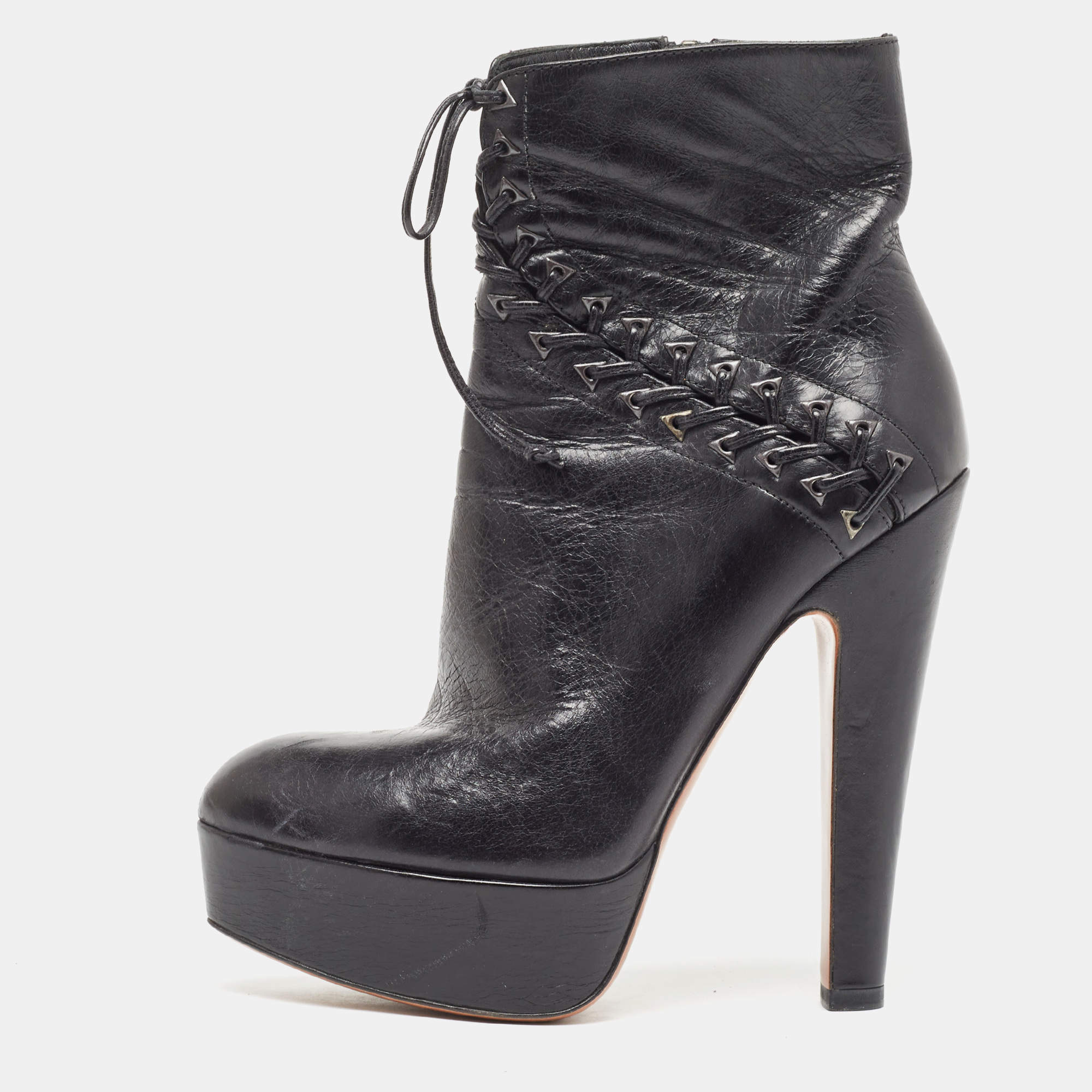 Pre Owned Alaia Black Leather Lace Up Ankle Boots Size 37.5