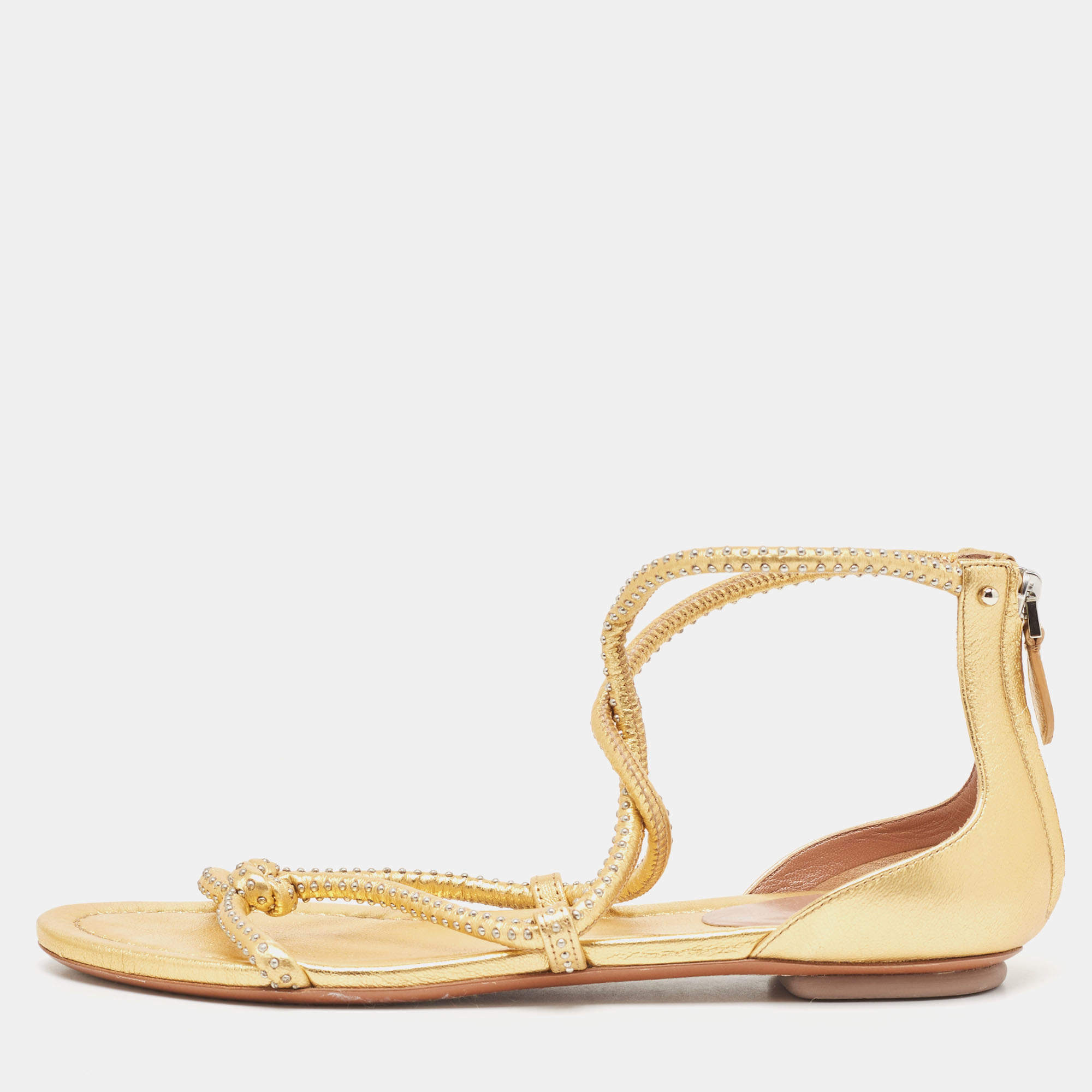 Alaia Gold Studded Leather Strappy Flat Sandals Size 38.5