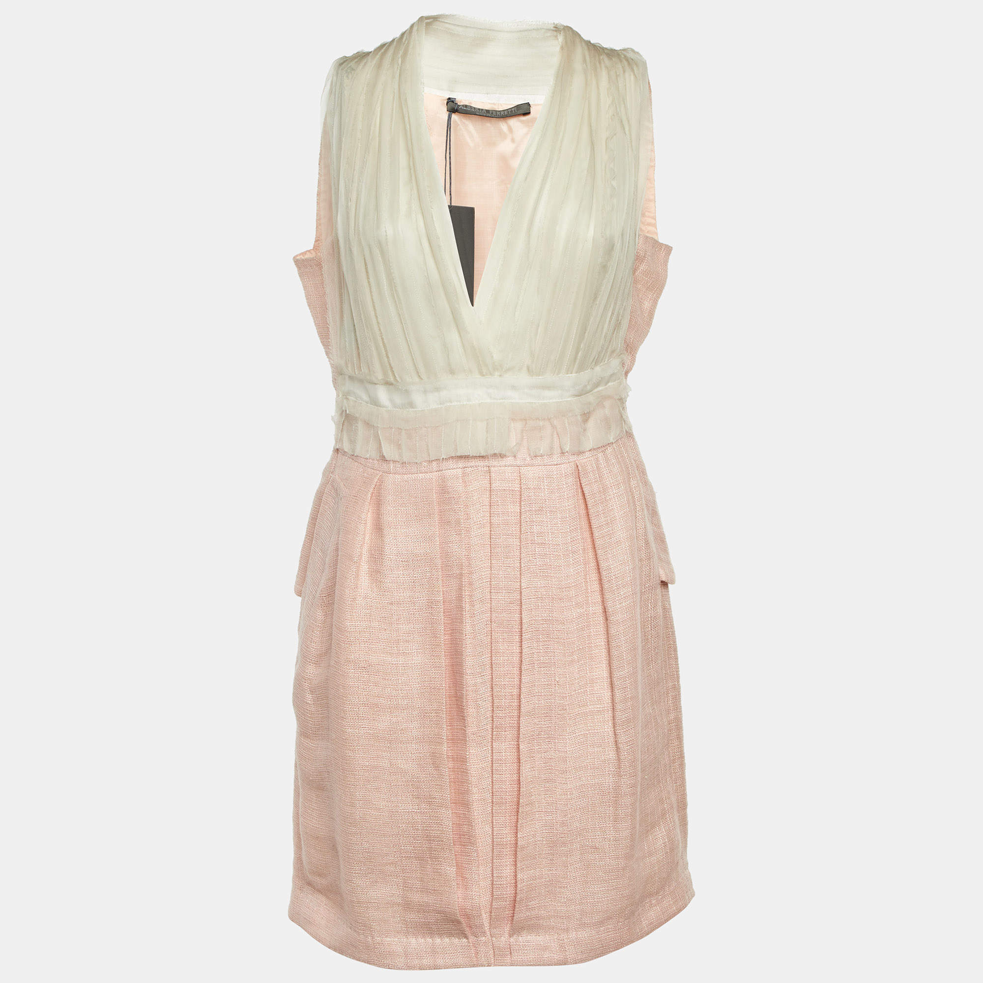 Pre Owned Alberta Ferretti Pink Linen & Silk Pleated Sleeveless Dress M