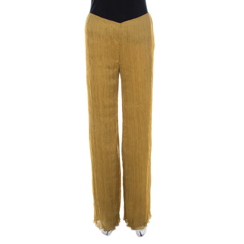 Alberta Ferretti Mustard Crinkled Chiffon Silk Palazzo Trousers S