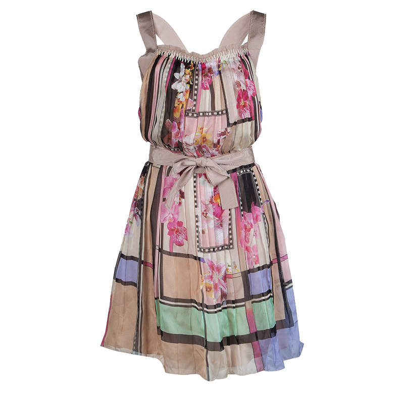 Pre Owned Alberta Ferretti Multicolor Floral Print Pleated Sleeveless Cross Back Dress L