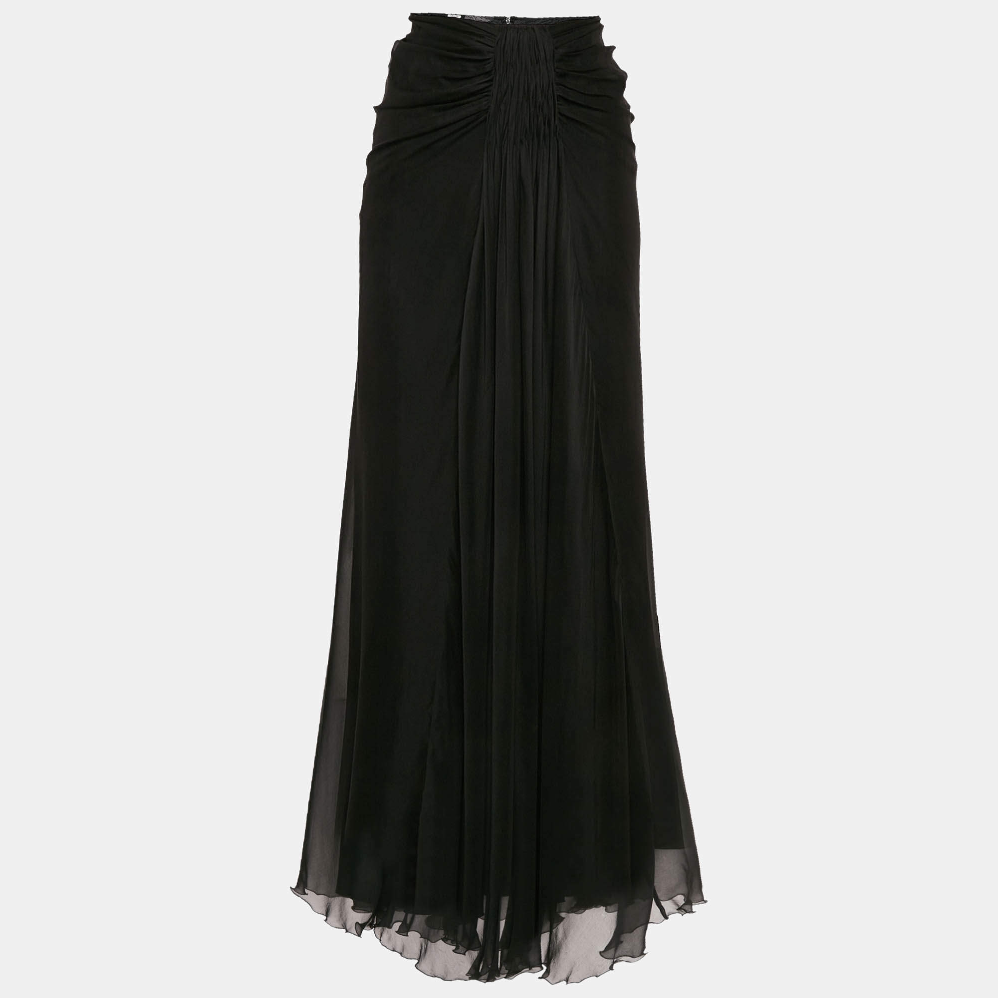 Pre Owned Alberta Ferretti Black Silk Draped Detail Maxi Skirt M