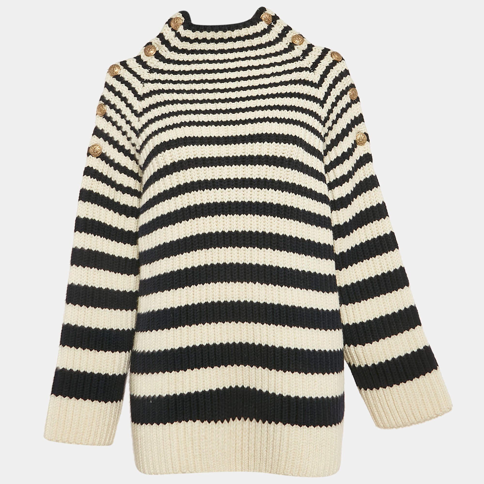 Alberta Ferretti Blue/White Rib Knit Buttoned Cold-Shoulder Sweater M