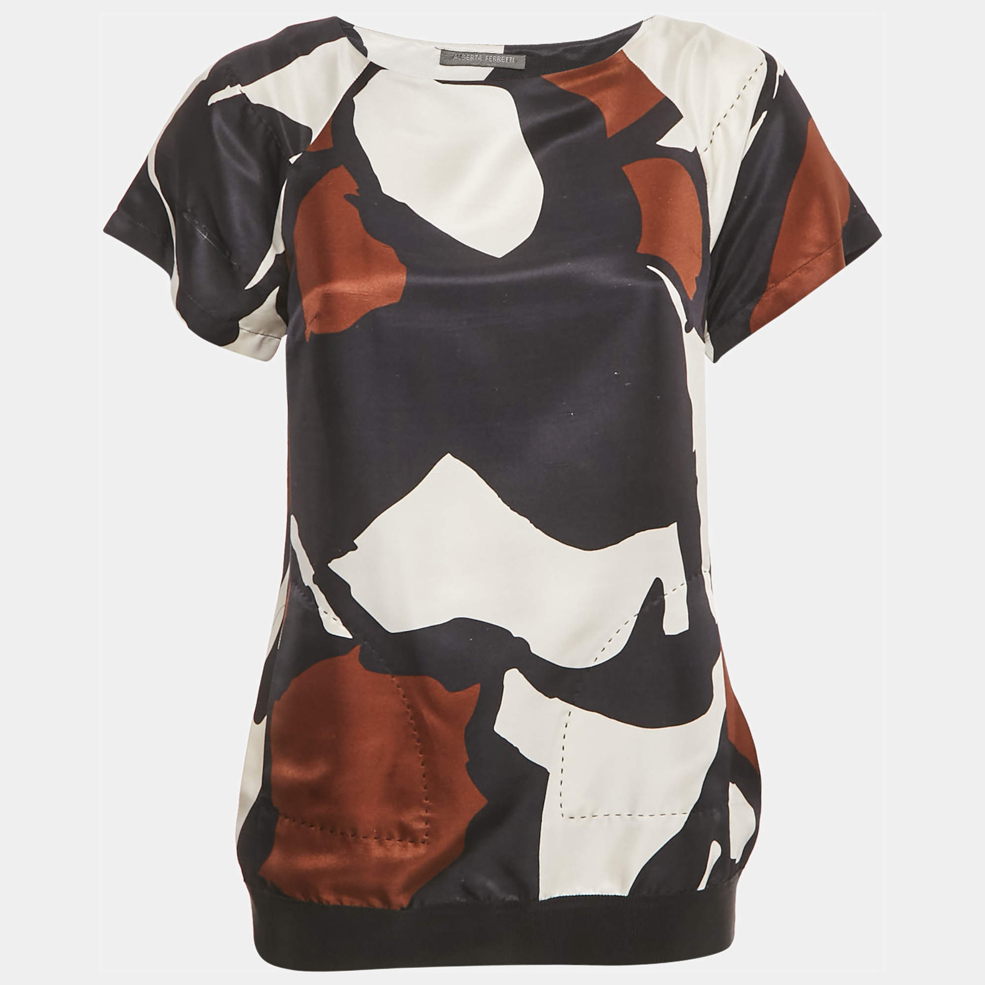 Pre Owned Alberta Ferretti Navy Blue Printed Silk Blouse S