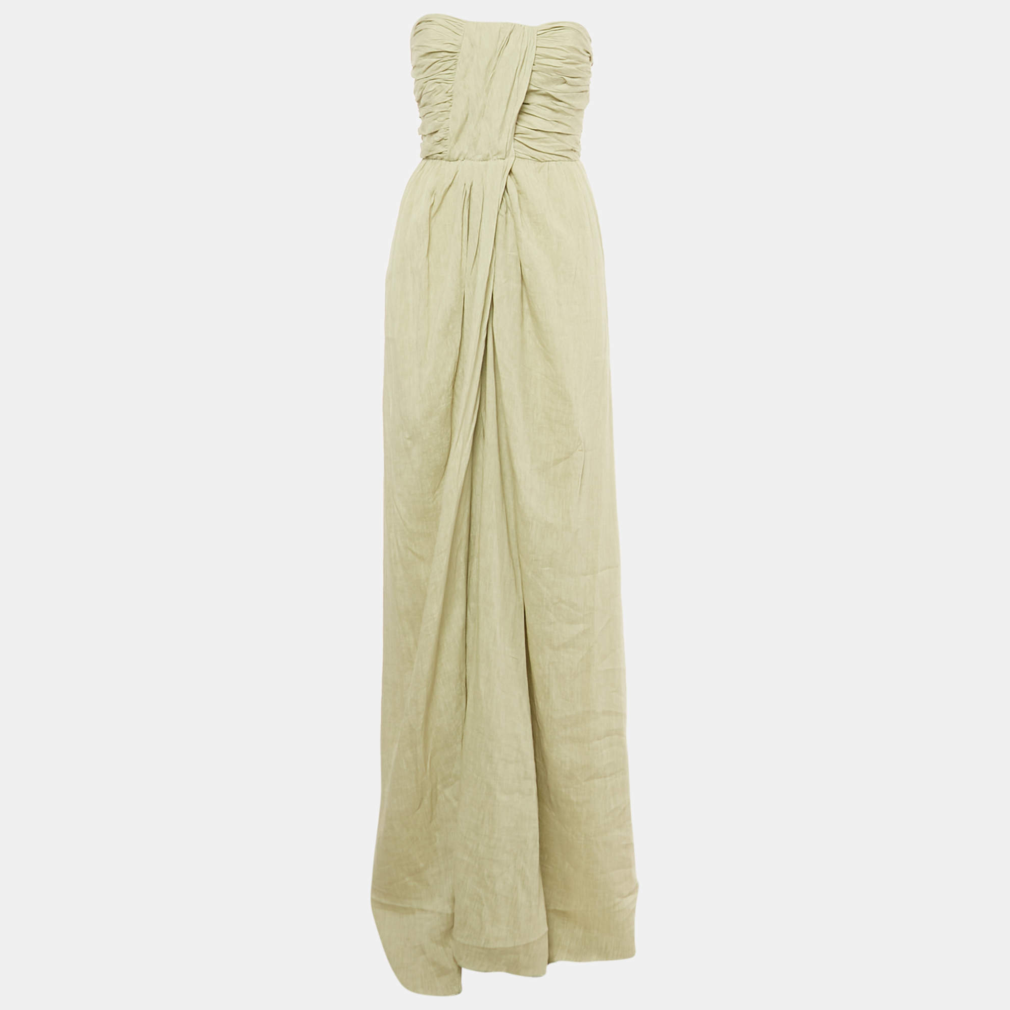 Pre Owned Alberta Ferretti Light Green Linen Gathered Strapless Maxi Dress M