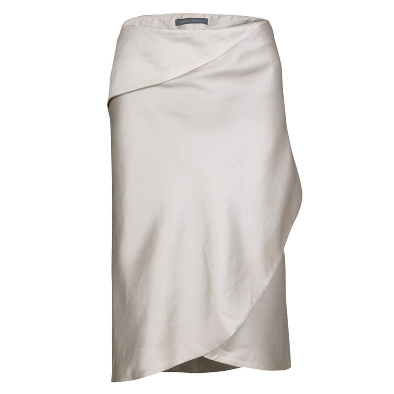 Alberta Ferretti Beige Slub Cotton and Silk Draped Asymmetric Pencil Skirt L