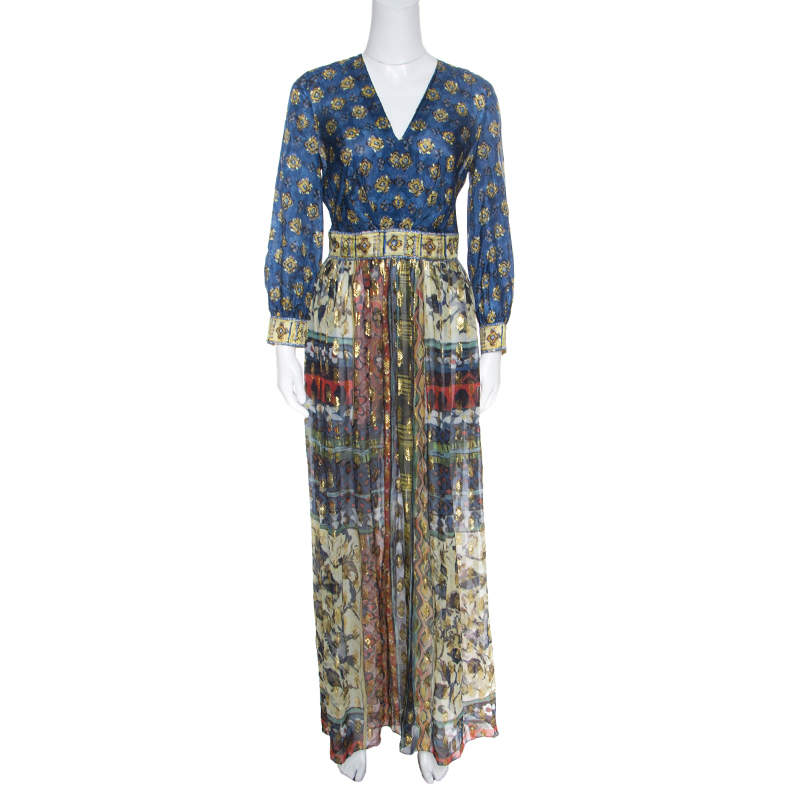 Alberta Ferretti Printed Silk Lurex Jacquard Peasant Sleeve Maxi Dress S