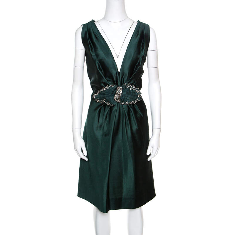 Pre Owned Alberta Ferretti Green Crystal Embellished Waist Detail Sleeveless Dress M