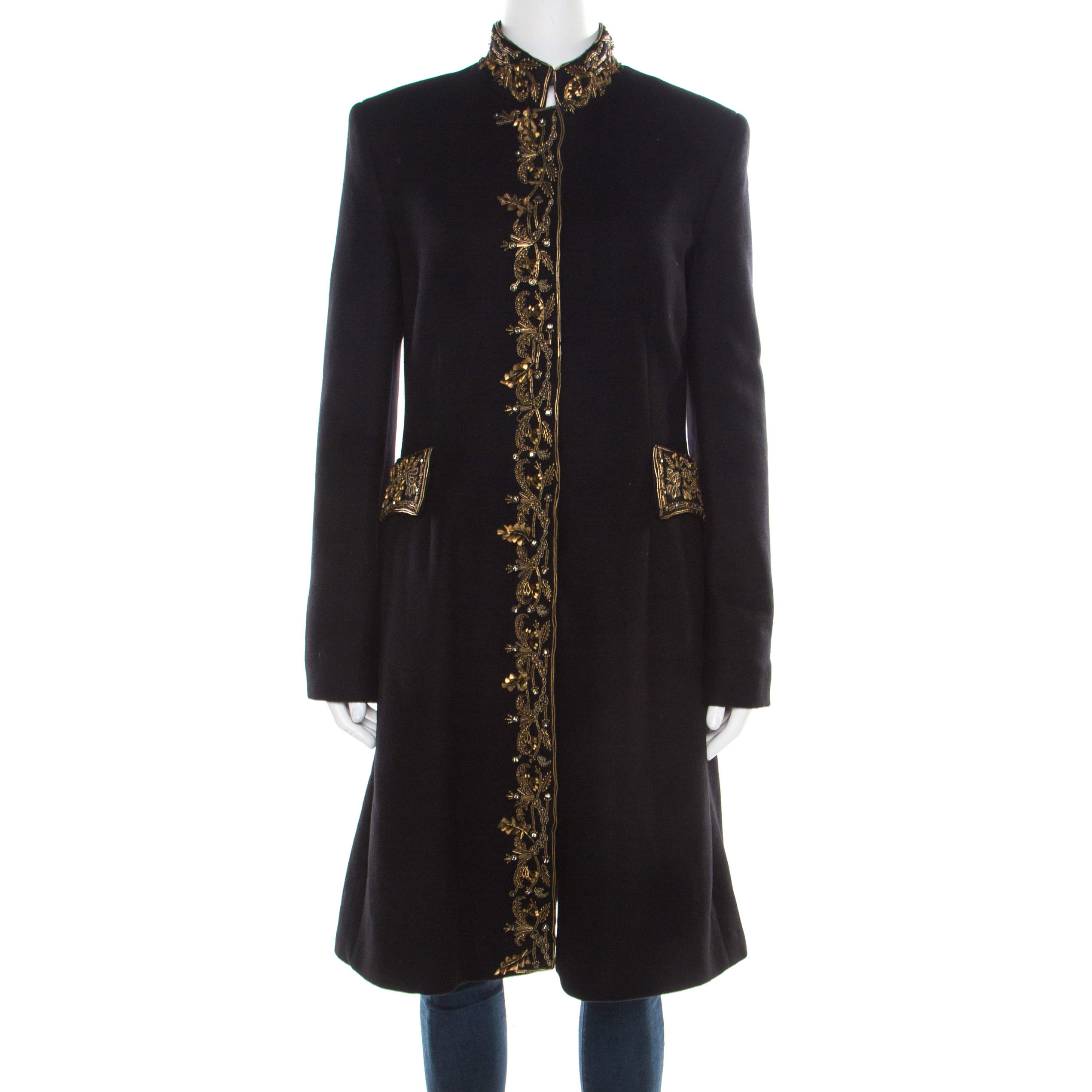 Alberta Ferretti Black and Gold Embellished Felted Wool Stand Collar Overcoat M