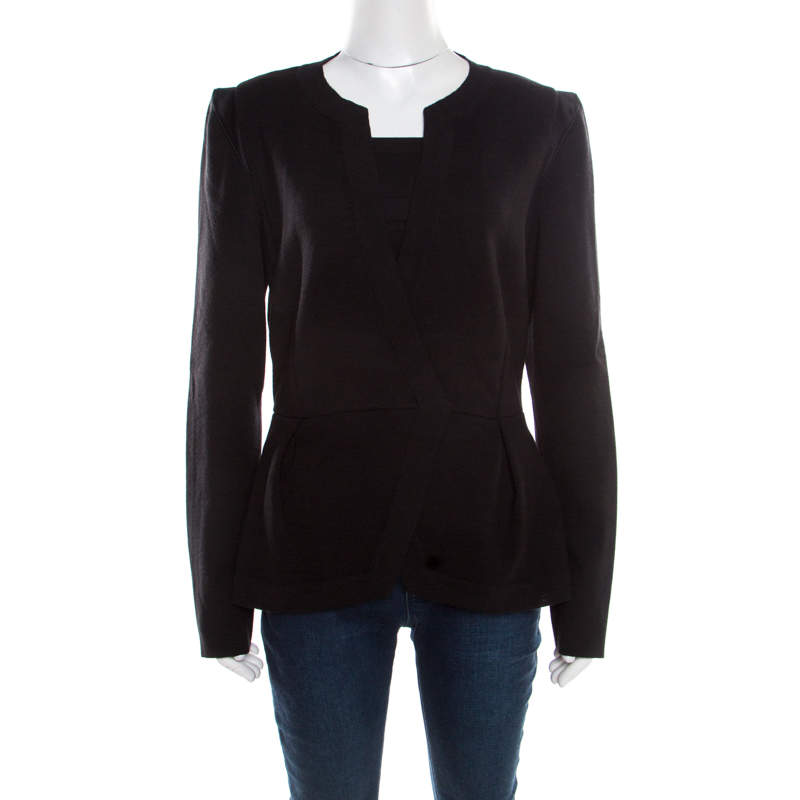 Alberta Ferretti Black Wool Satin Trim Faux Wrap Cardigan L
