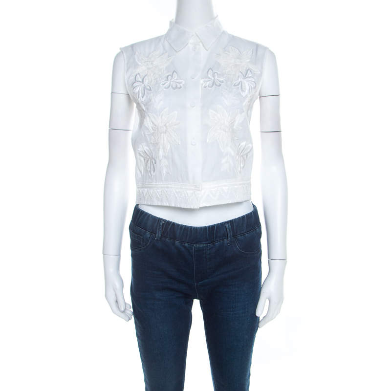 Pre Owned Alberta Ferretti Off White Floral Embroidered Sheer Cotton Sleeveless Crop Shirt S