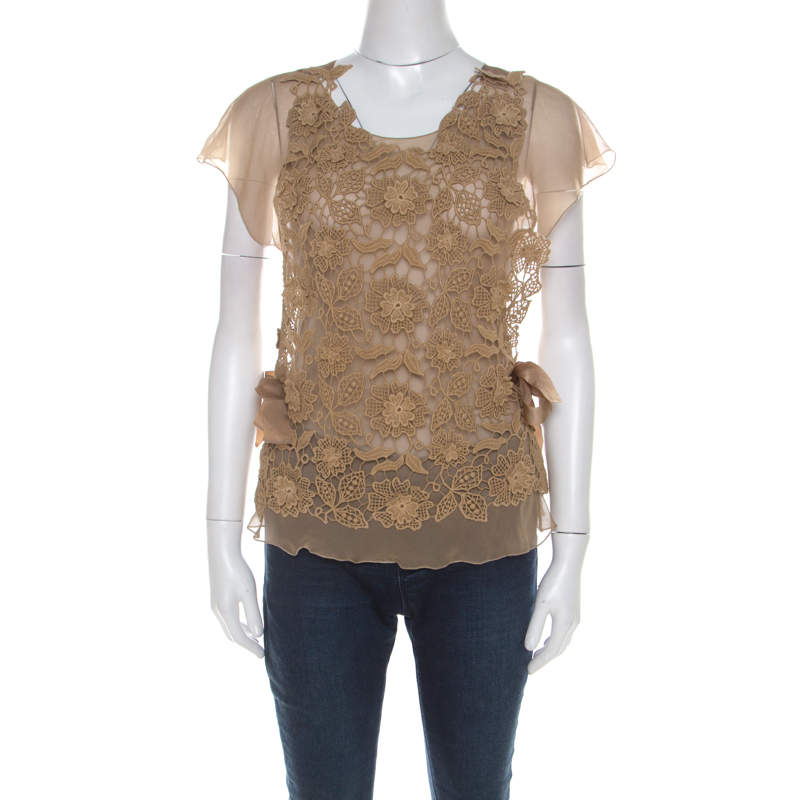 Alberta Ferretti Beige Chiffon and Lace Overlay Top S 