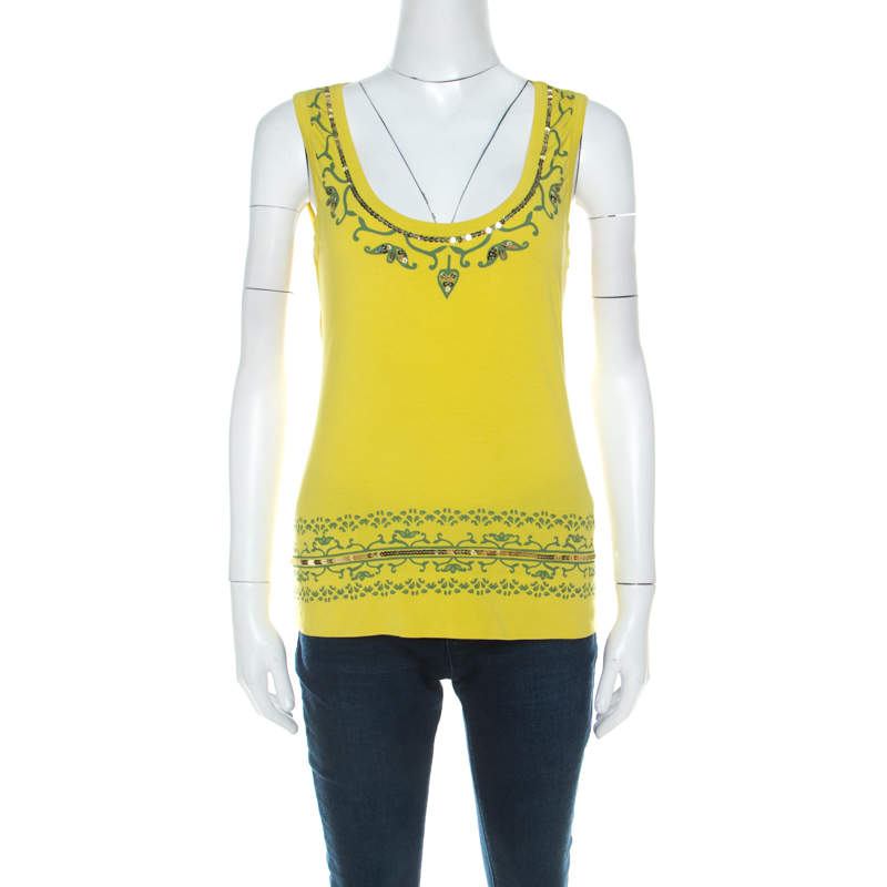 Alberta Ferretti Yellow Paisley Printed Cotton Sequin Detail Top L 