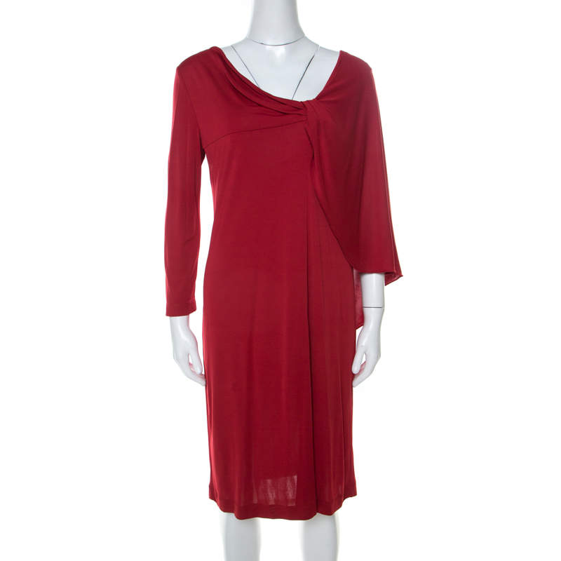 Alberta Ferretti Red Silk Jersey Asymmetric Batwing Sleeve Dress M 
