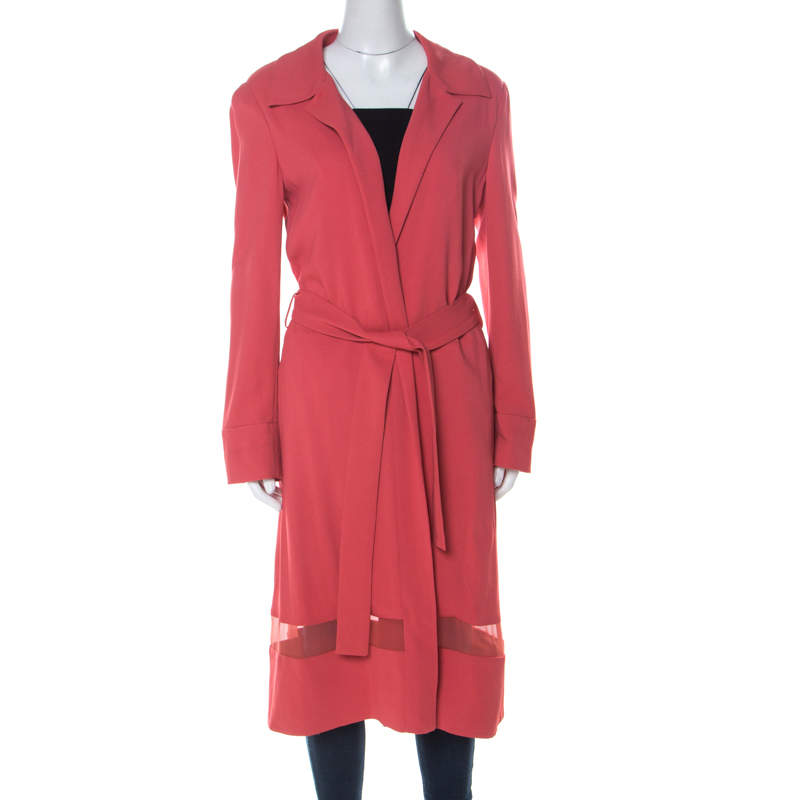 Alberta Ferretti Coral Pink Sheer Panel Insert Belted Long Coat M