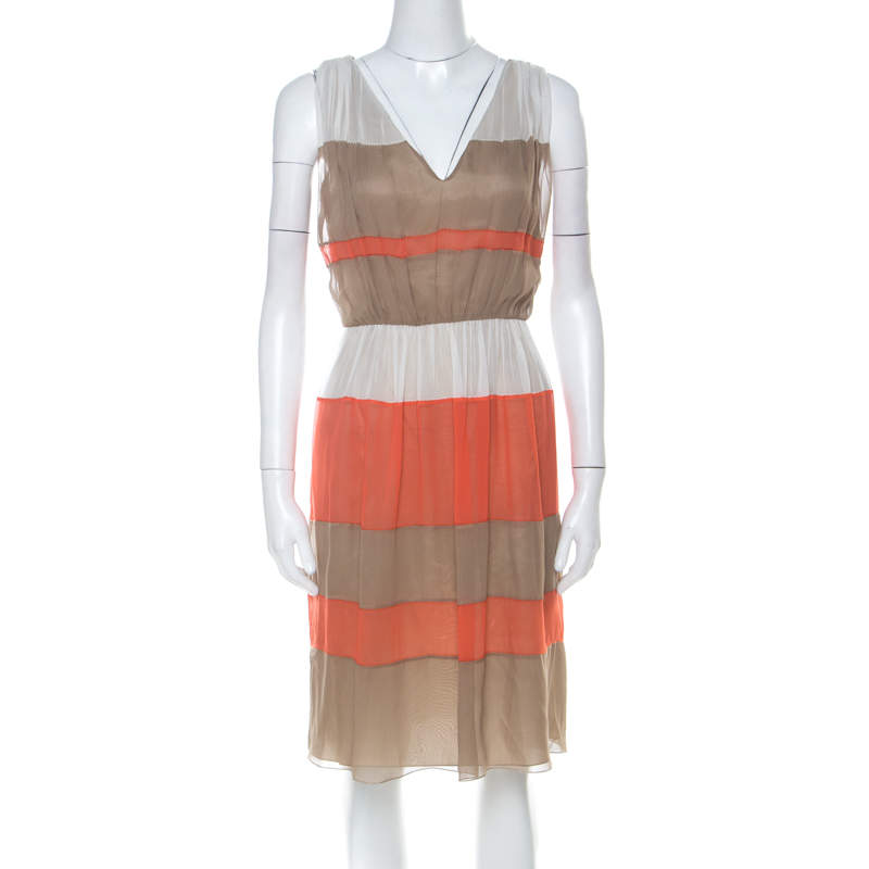 Alberta Ferretti Colorblock Striped Silk Pleated Sleeveless Dress M