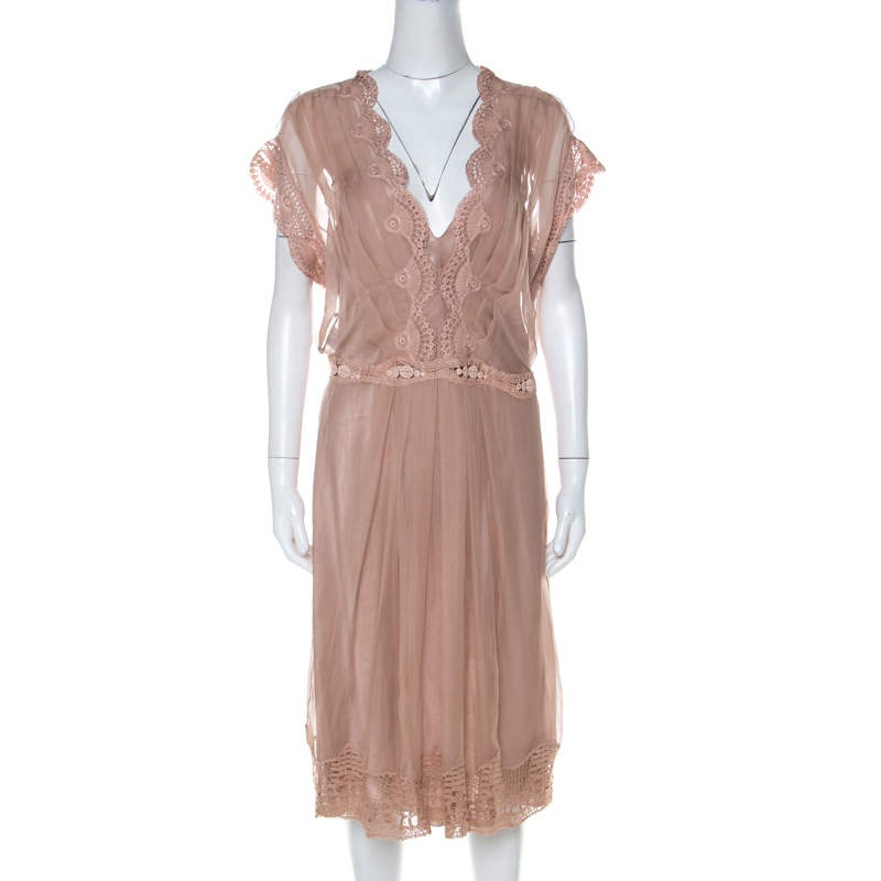 Pre Owned Alberta Ferretti Blush Pink Silk Chiffon Lace Detail Dress L