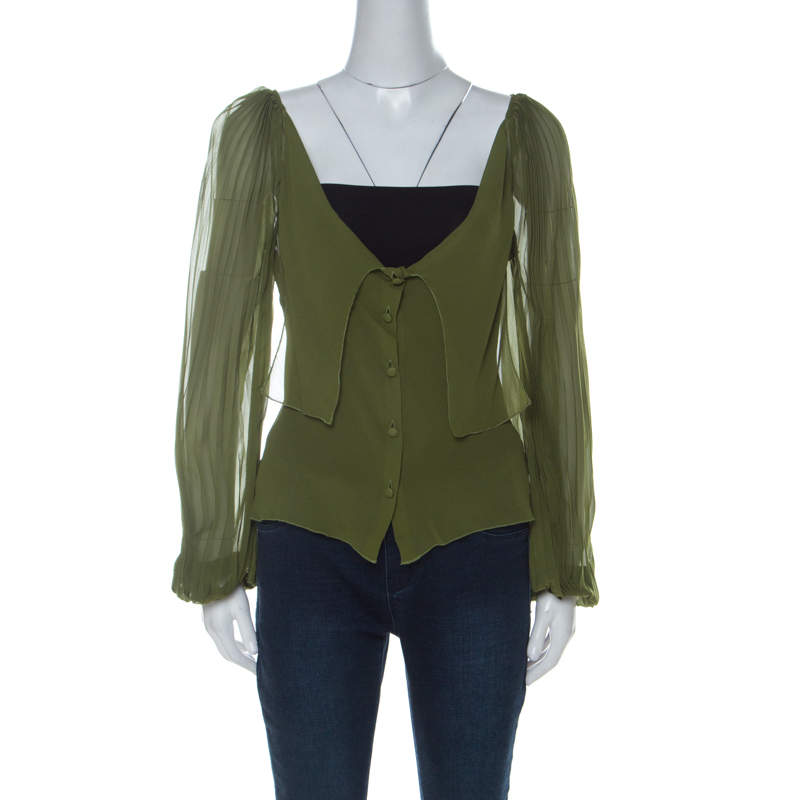 Alberta Ferretti Olive Green Silk Pleated Sleeve Detail Button Front Blouse M 