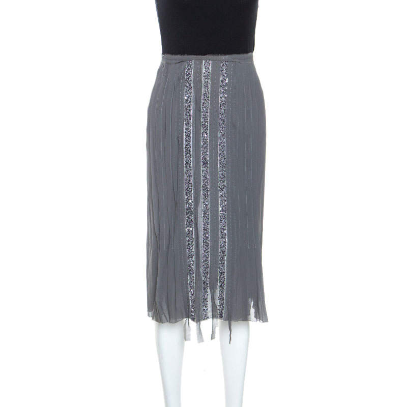 Alberta Ferretti Grey Silk Sequin Embellished Pleated Midi Skirt S