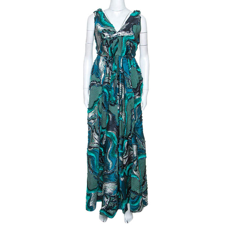 Alberta Ferretti Green Lurex Jacquard Fringed Detail Gown M