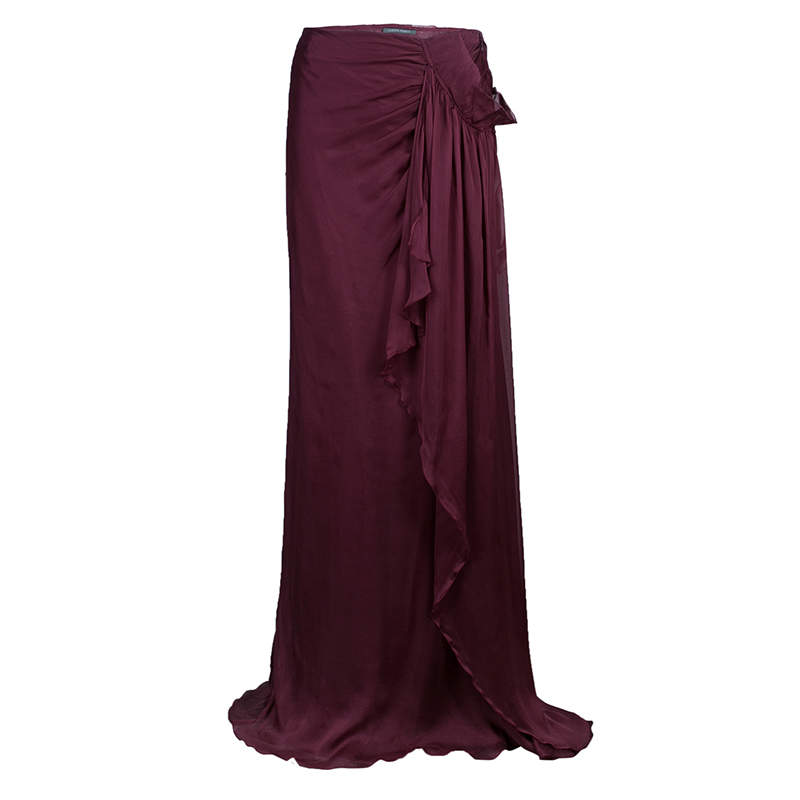 Pre Owned Alberta Ferretti Burgundy Silk Maxi Skirt M