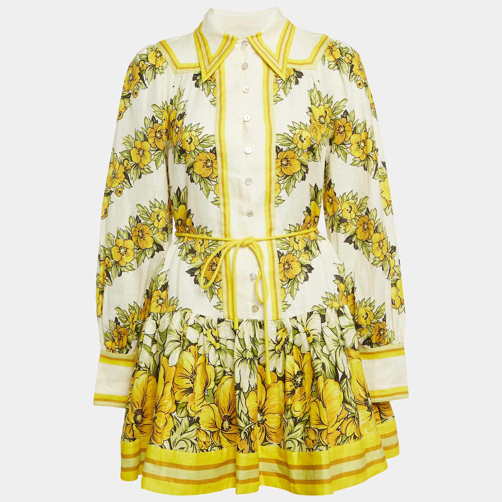 Pre Owned Alemais Yellow Floral Print Linen Gisela Mini Dress S