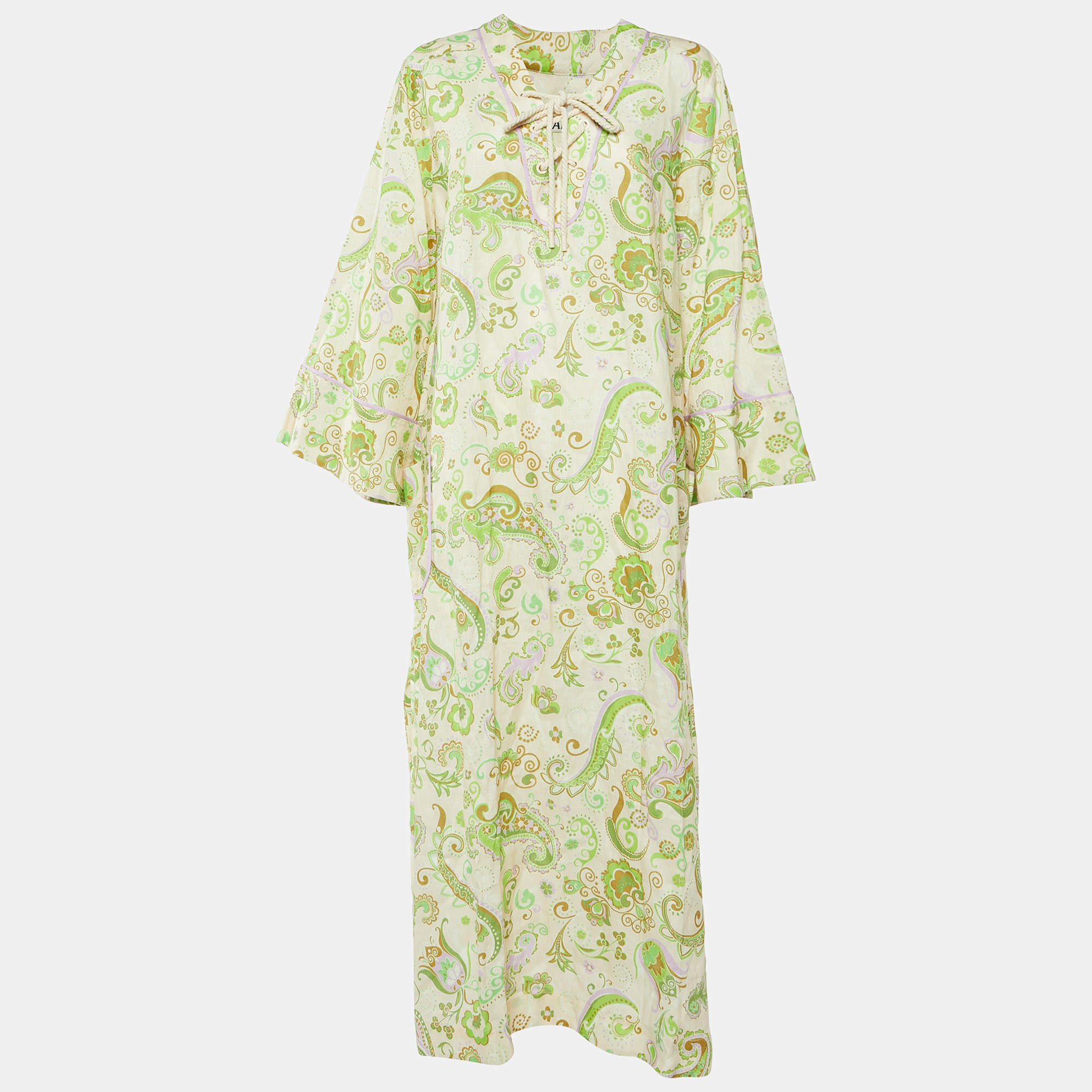 Pre Owned Alemais Cream/Green Paisley Print Linen Marta Pool Dress XL