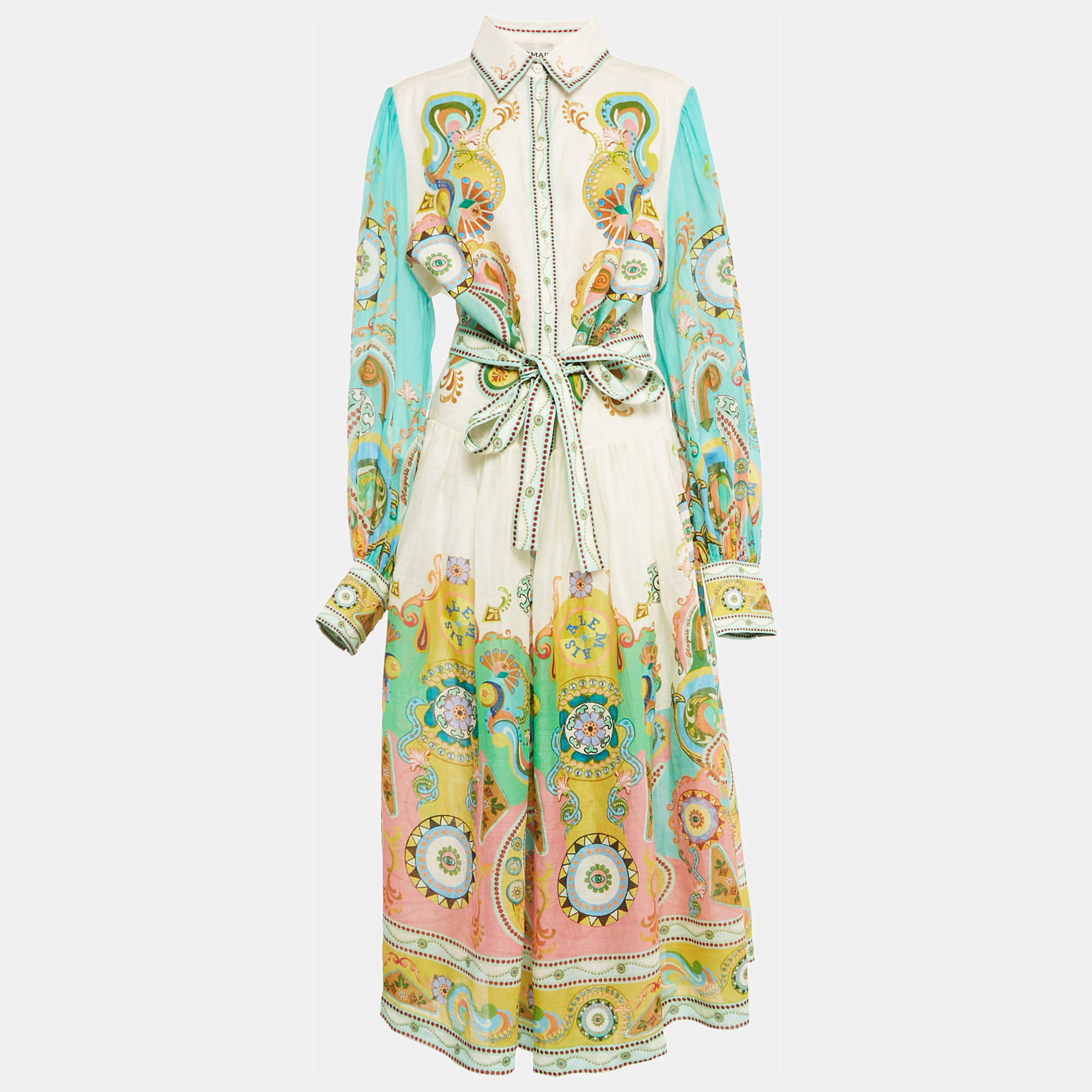 ALEMAIS Multicolor Printed Ramie Pinball Shirt Dress L