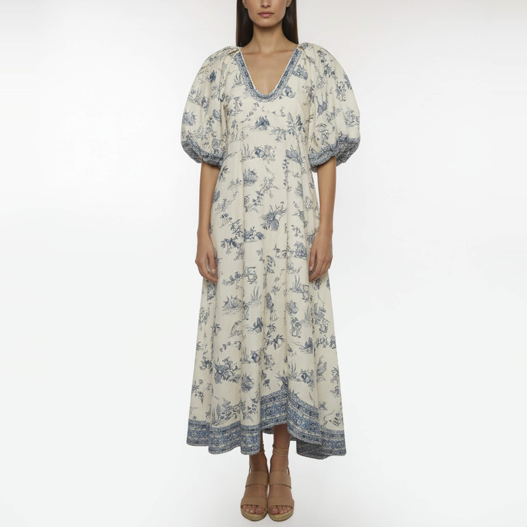 مملوكة مسبقًا Alemais Cream/Blue Casa Print Linen Midi Dress L
