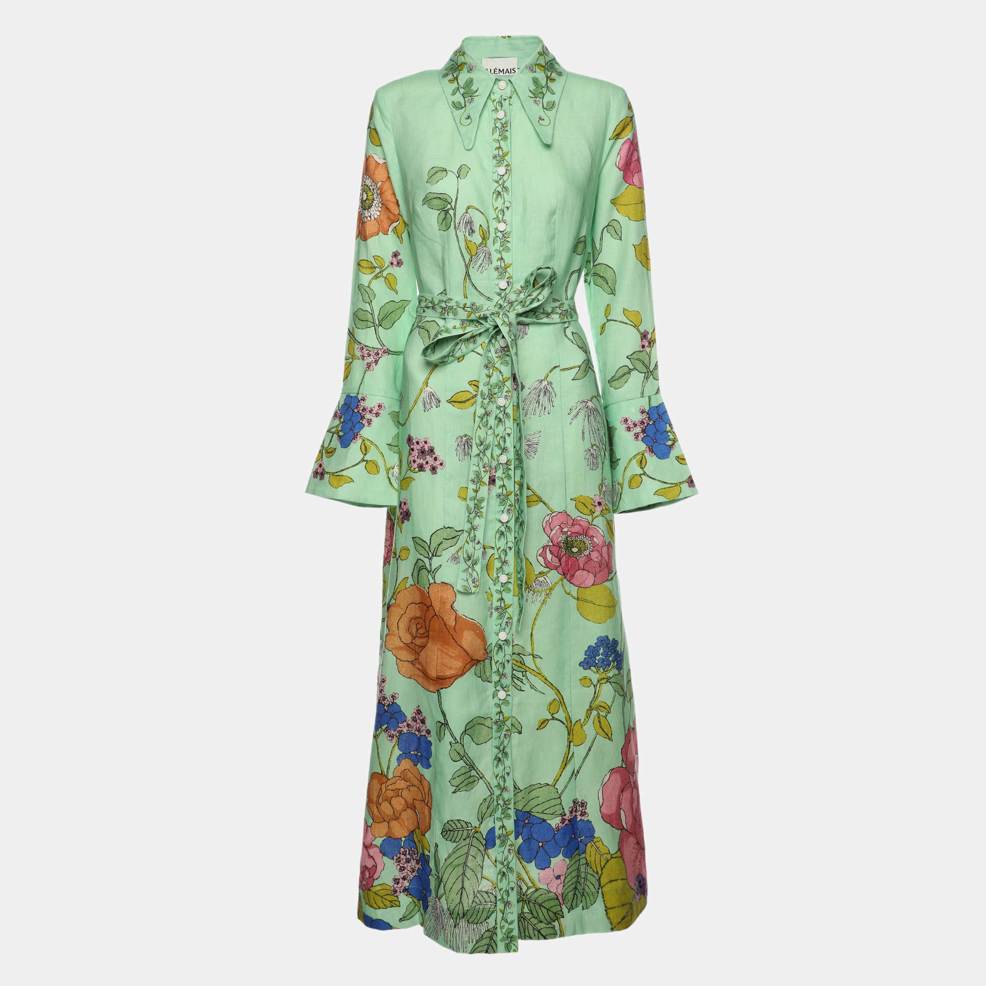 Alemais Green Olivia Floral Print Linen Shirt Maxi Dress M