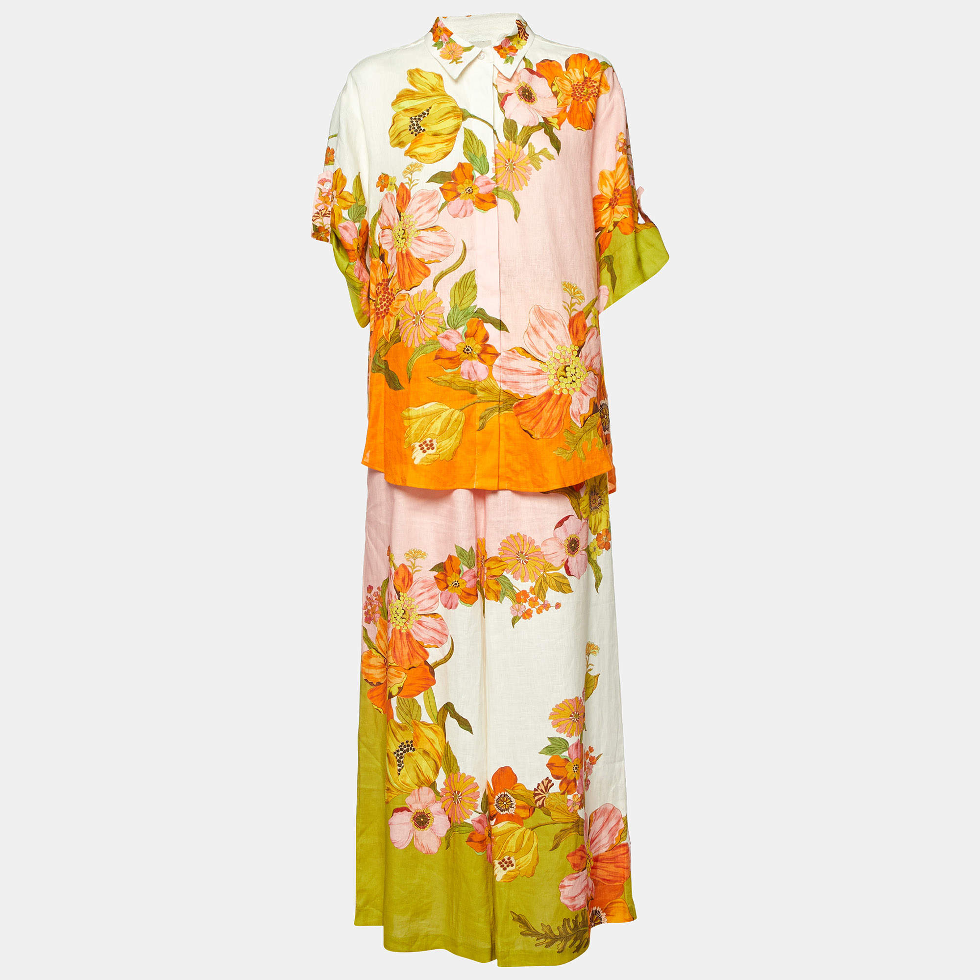 Alemais Multicolor Floral Print Linen Shirt and Trousers Set L