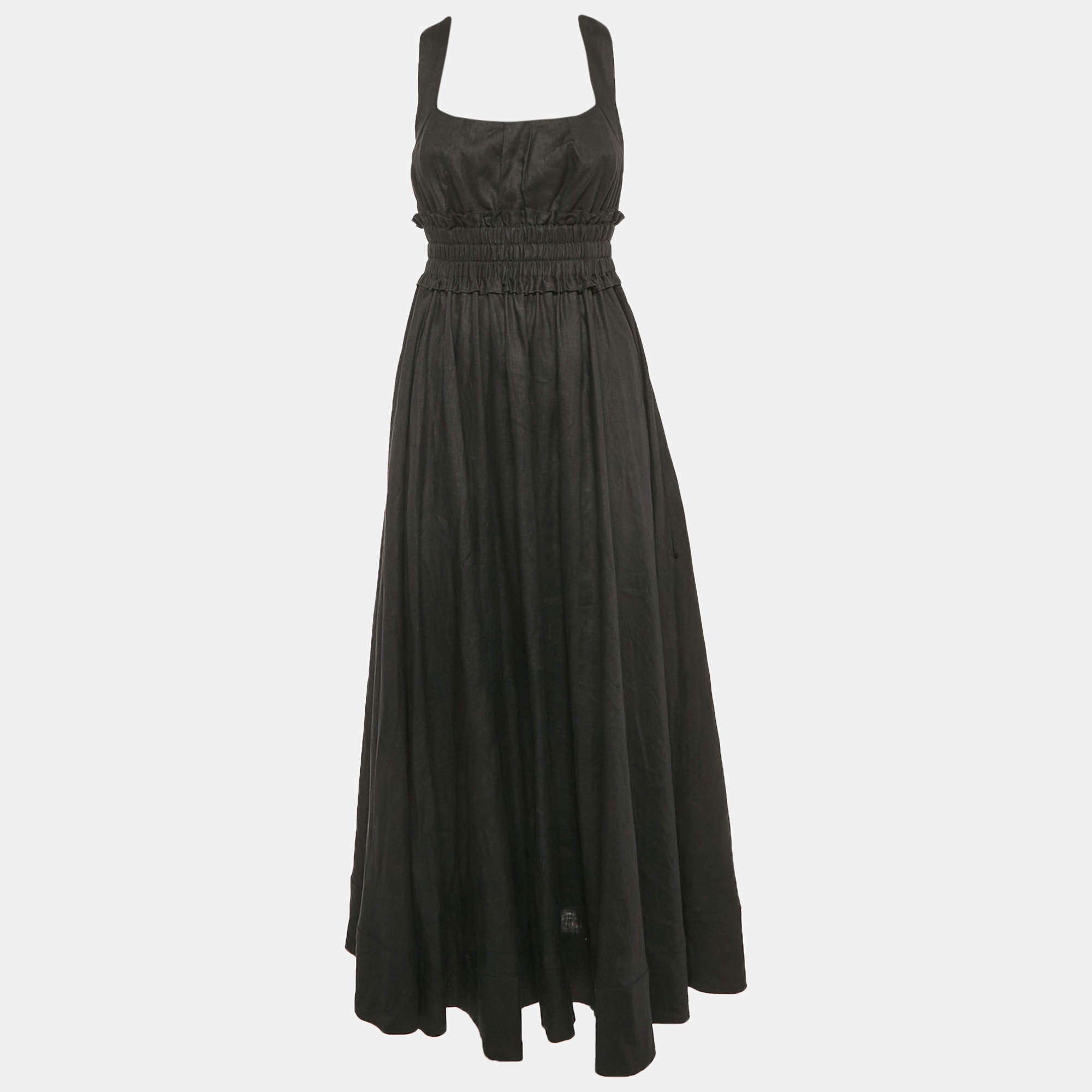 Alemais Black Linen Shirring Gathered Maxi Dress S