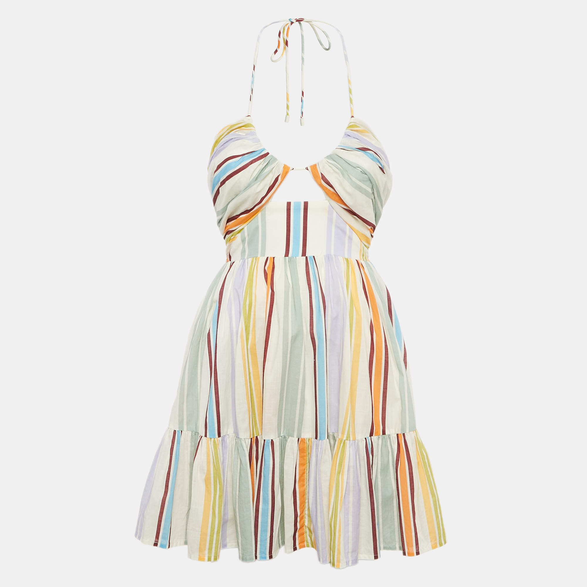 Pre Owned Alemais Multicolor Stripe Print Cotton Halter Neck Mini Axum Dress M