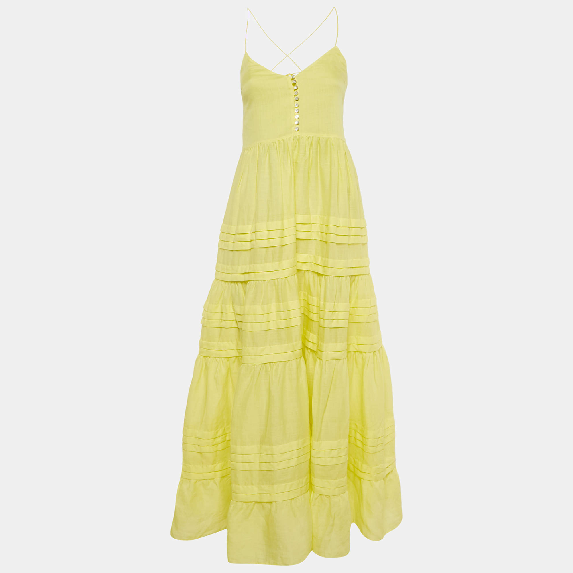 Alemais Yellow Ramie Fluer Tiered Maxi Dress S