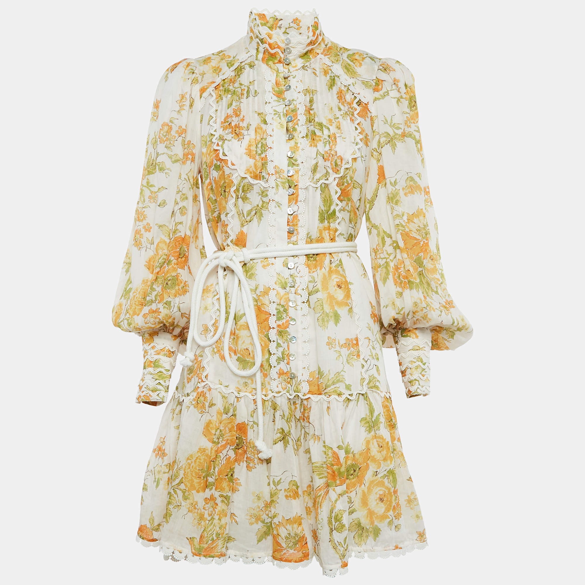 Alemais Yellow/Multicolor Floral Print Ramie Belted Flounce Mini Dress M