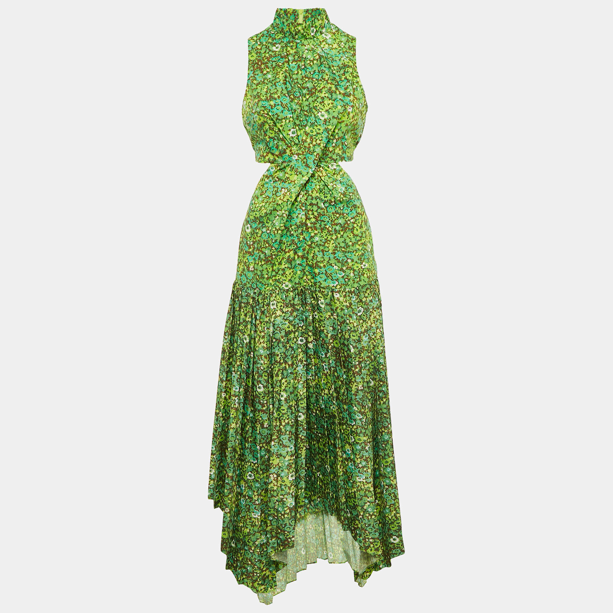 Alemais Green Abstract Print Cotton Asymmetric Cut-Out Dress M