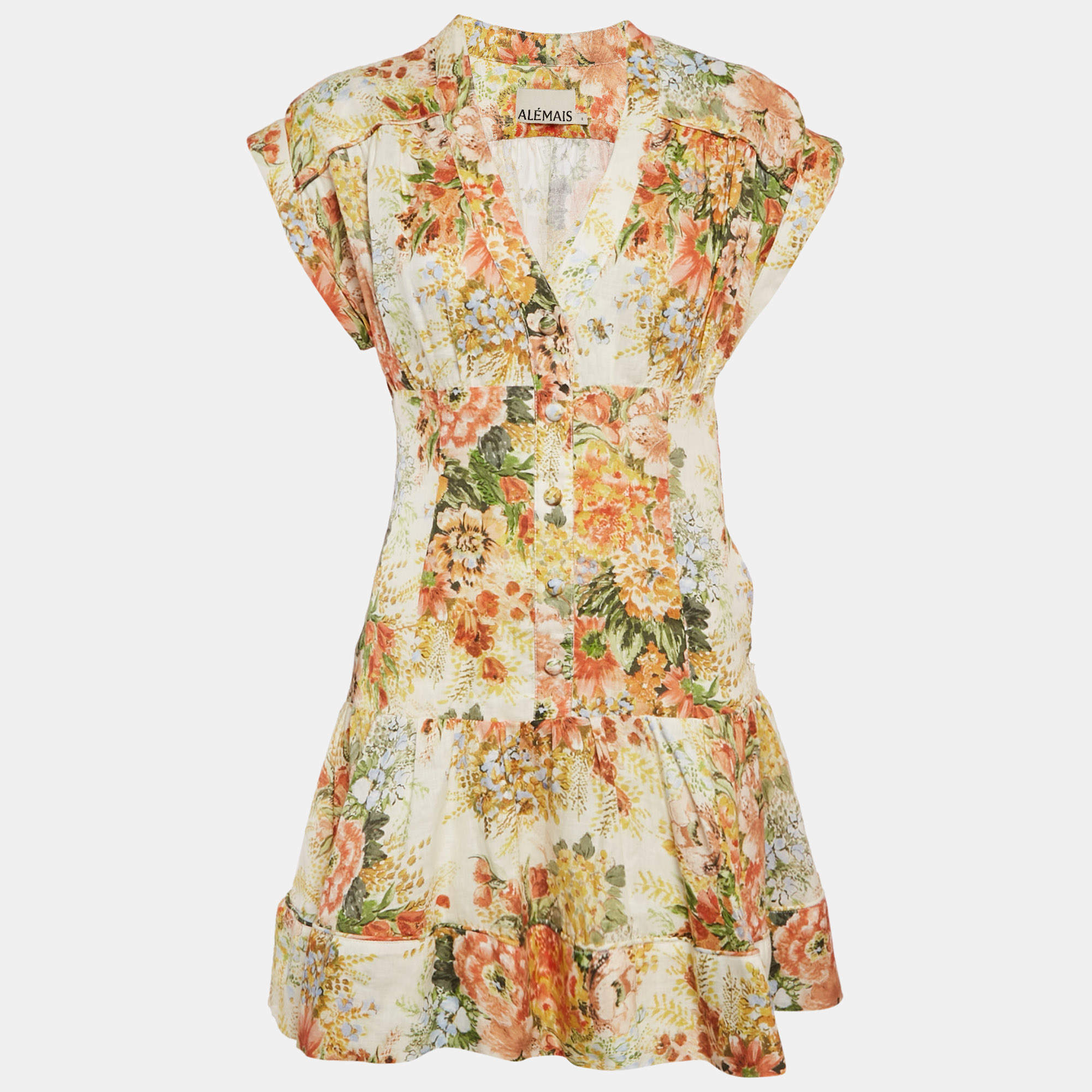 Alemais Yellow Sylvia Floral Hemp Mini Dress M