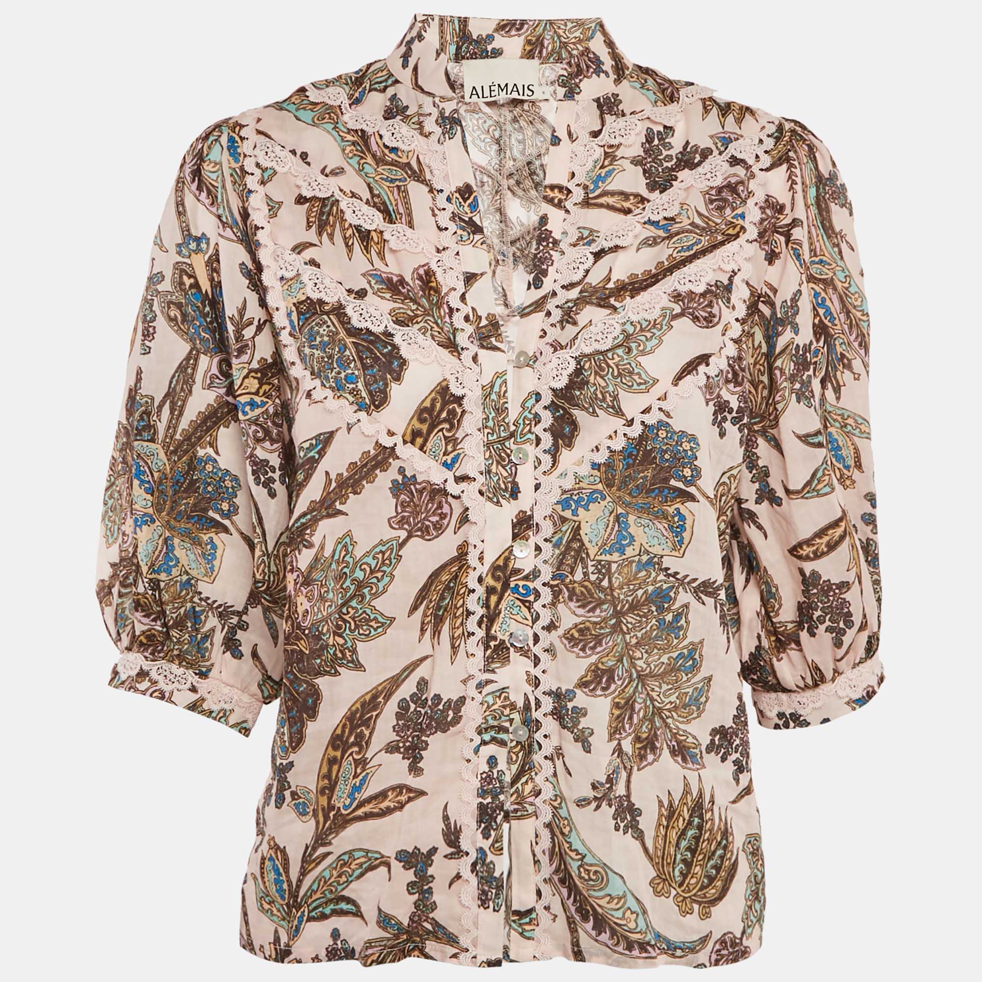 Alemais Pink Printed Lace Trim Ramie Estella Yoke Front Shirt S